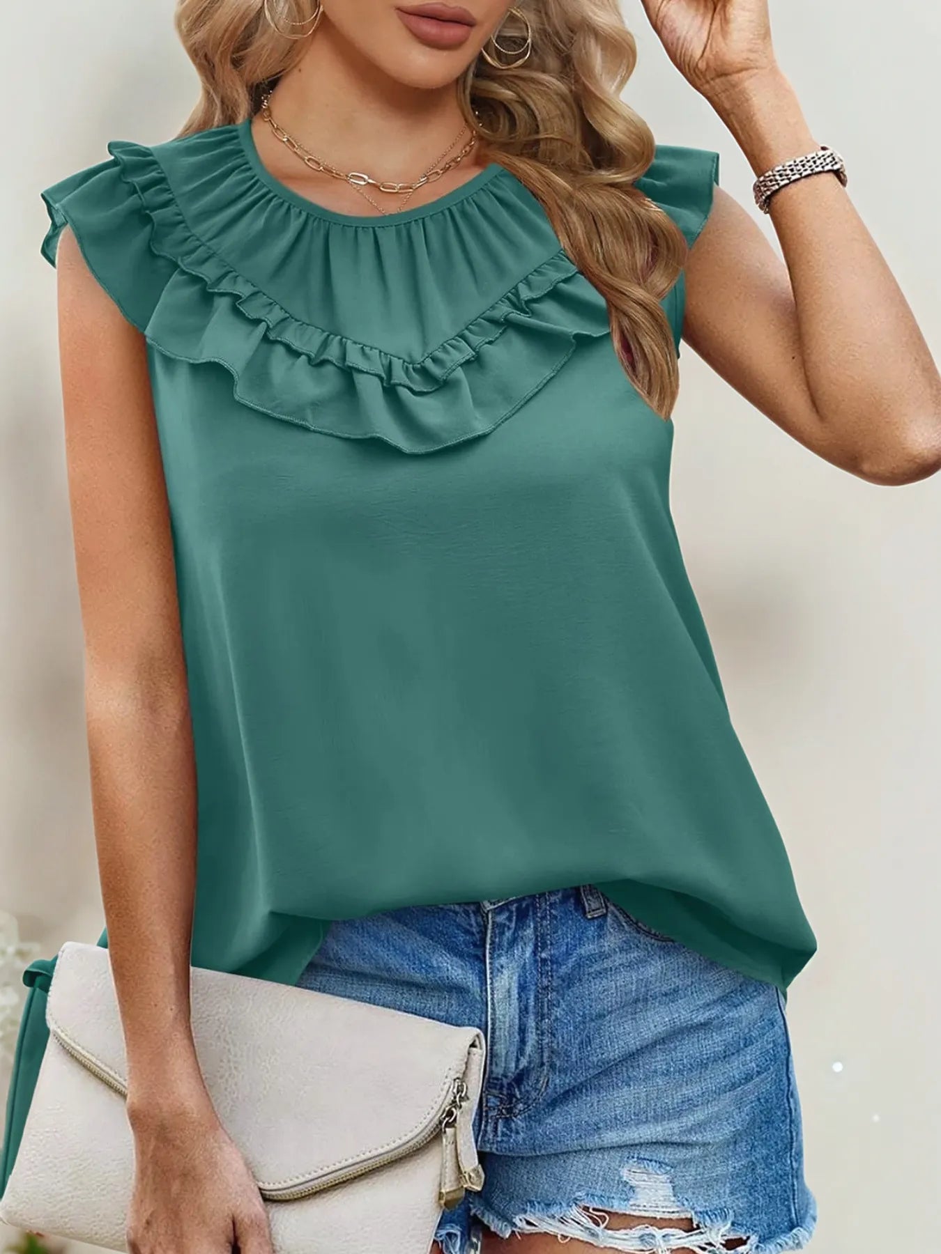 Ruffle Trim Round Neck Blouse Dark Green / S