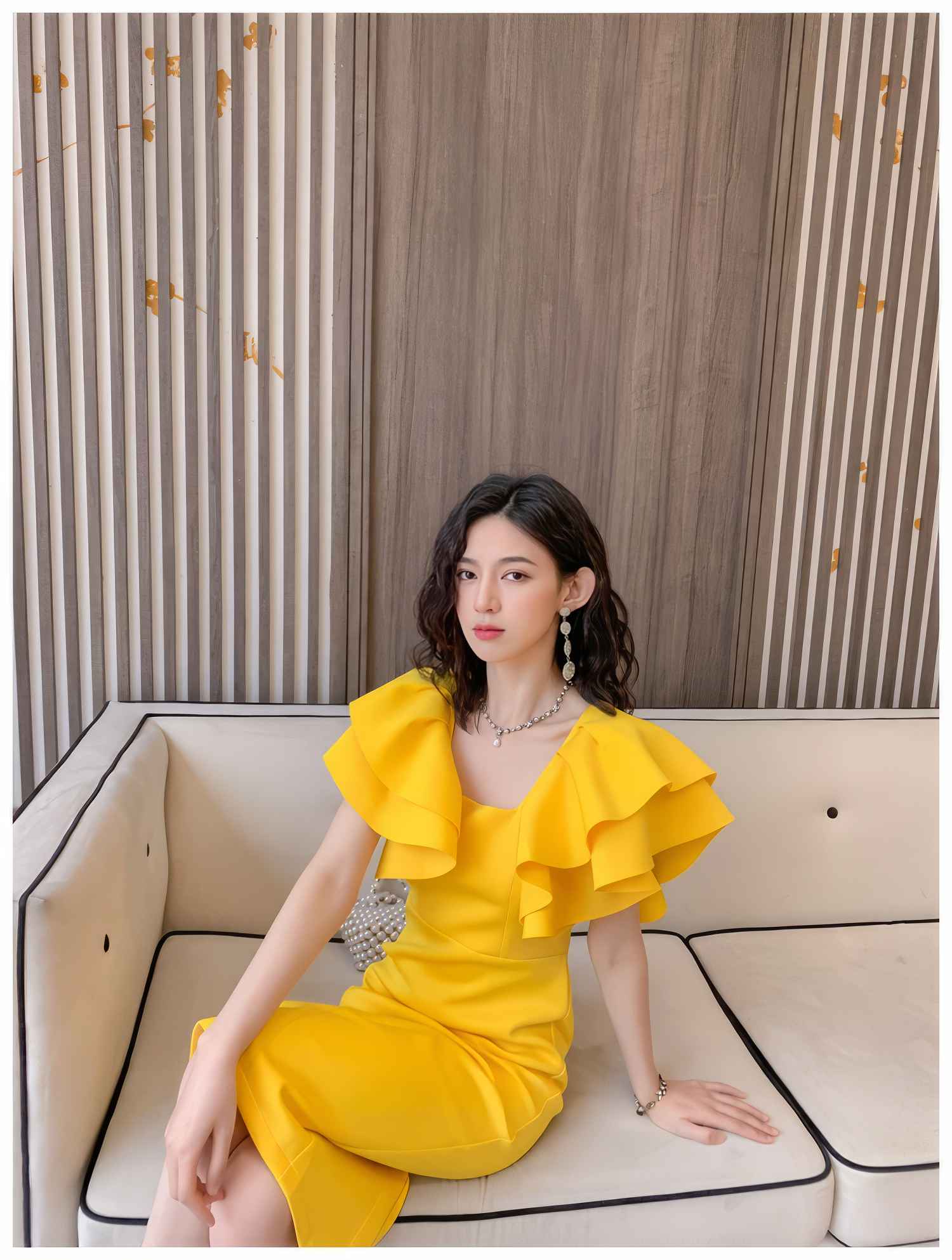Ruffle Trimmed Flounce Sleeve Bodycon Midi Dress