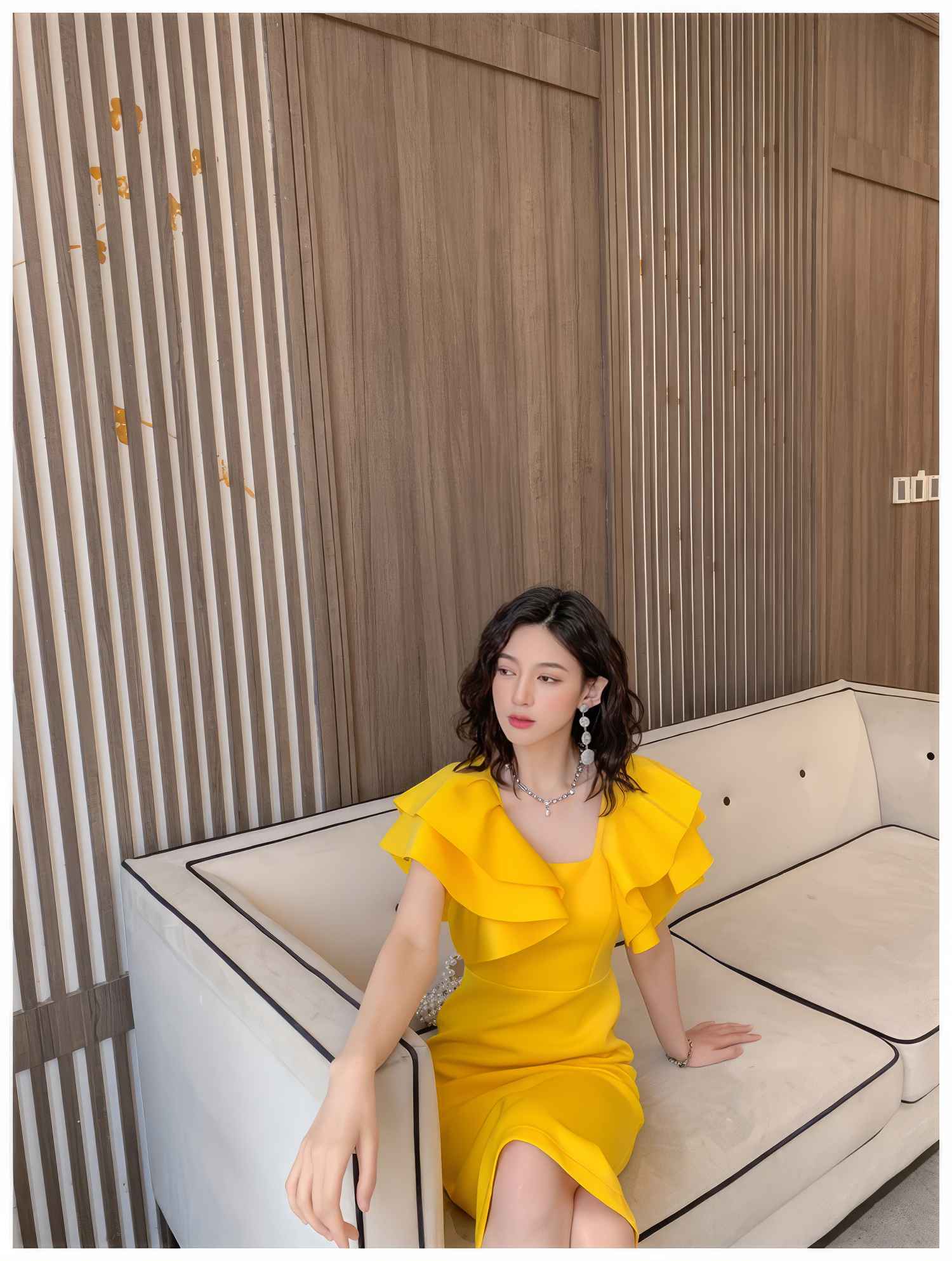 Ruffle Trimmed Flounce Sleeve Bodycon Midi Dress