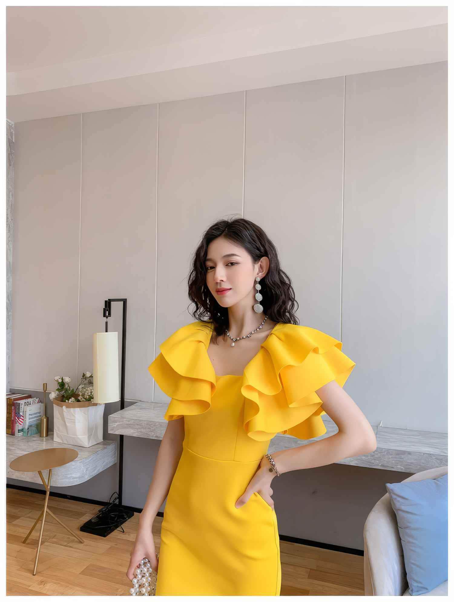 Ruffle Trimmed Flounce Sleeve Bodycon Midi Dress
