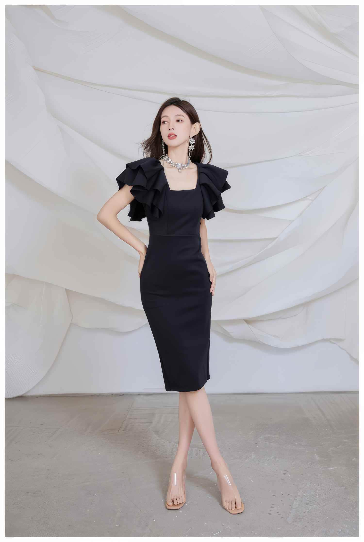 Ruffle Trimmed Flounce Sleeve Bodycon Midi Dress