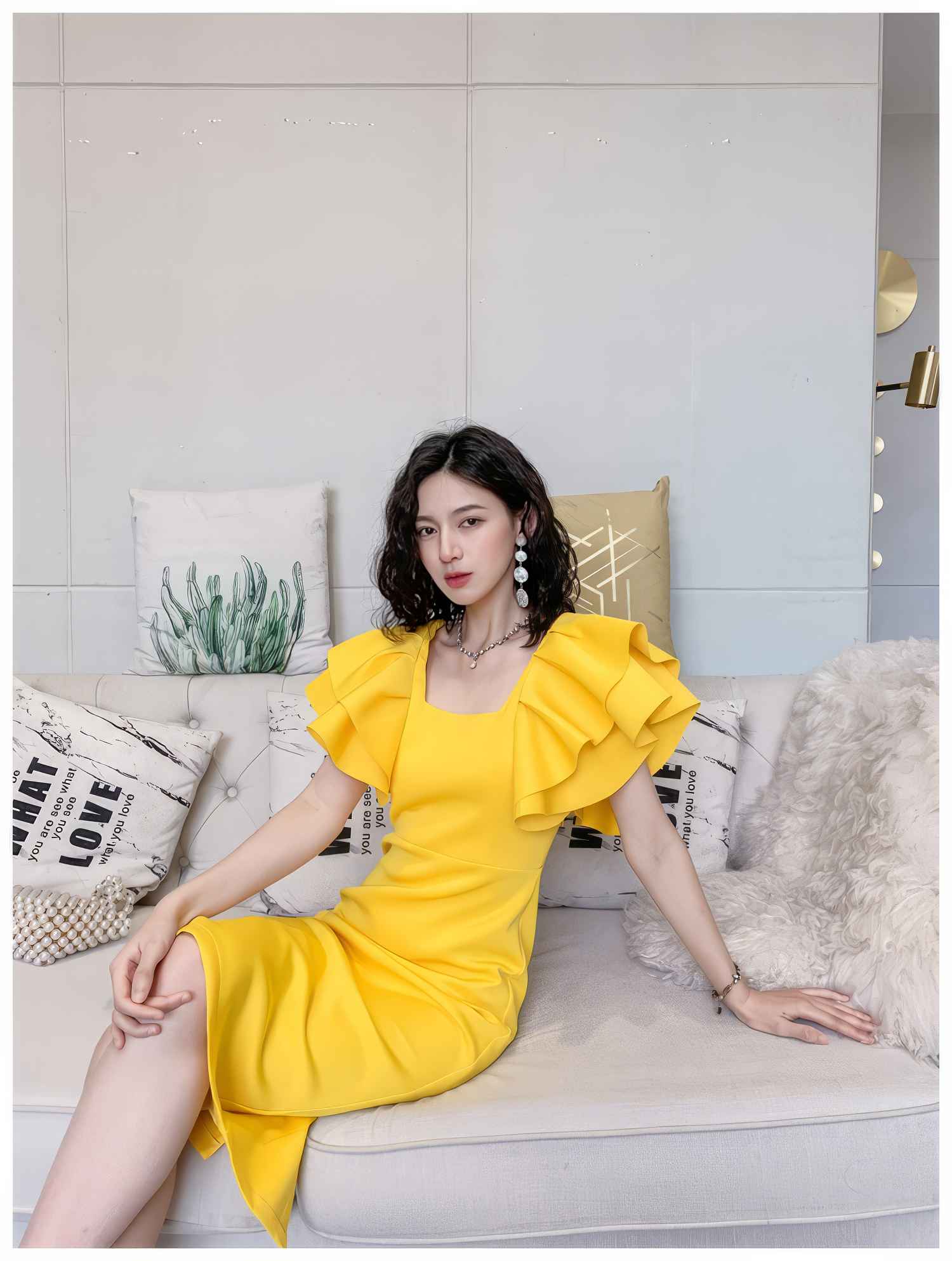 Ruffle Trimmed Flounce Sleeve Bodycon Midi Dress
