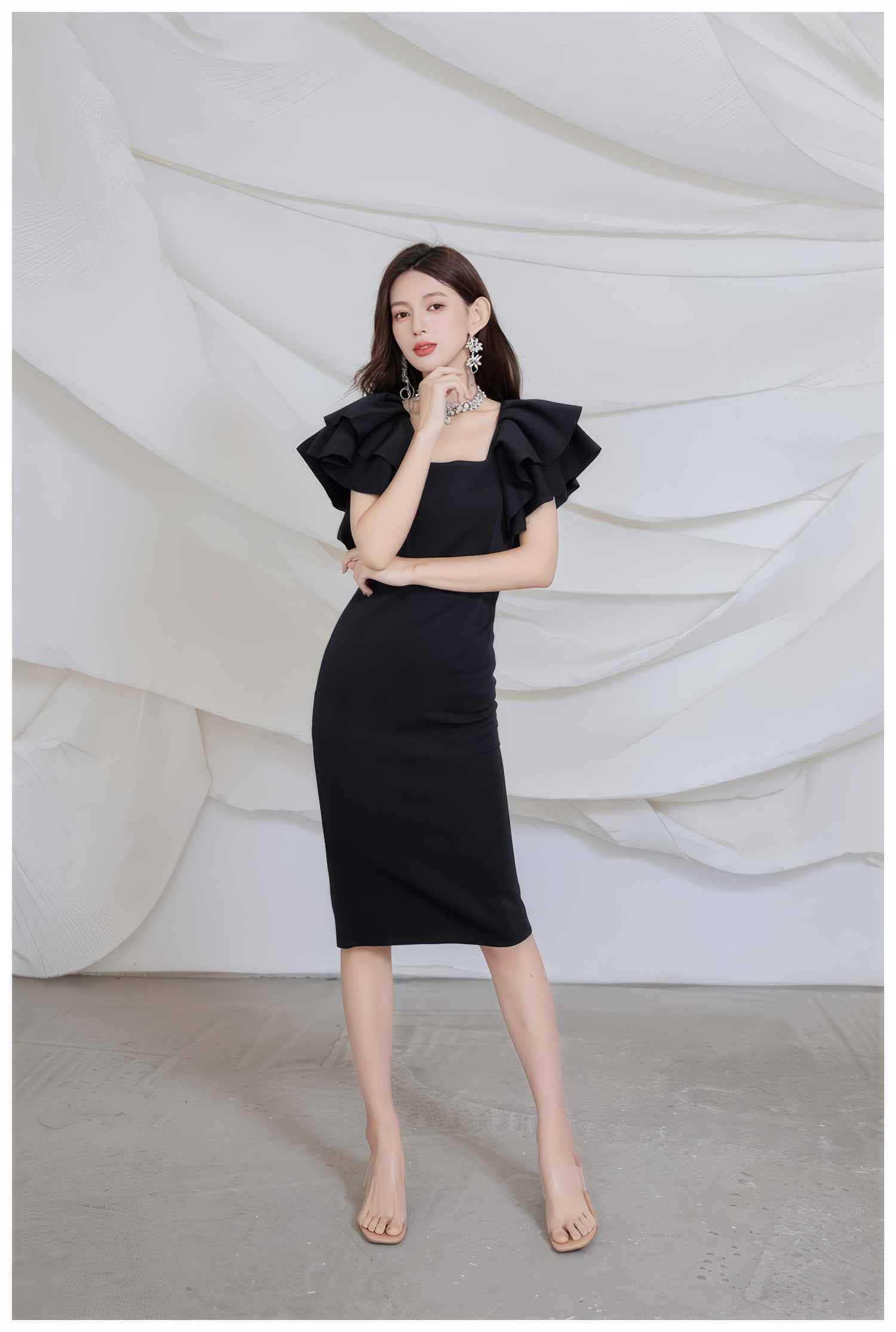 Ruffle Trimmed Flounce Sleeve Bodycon Midi Dress