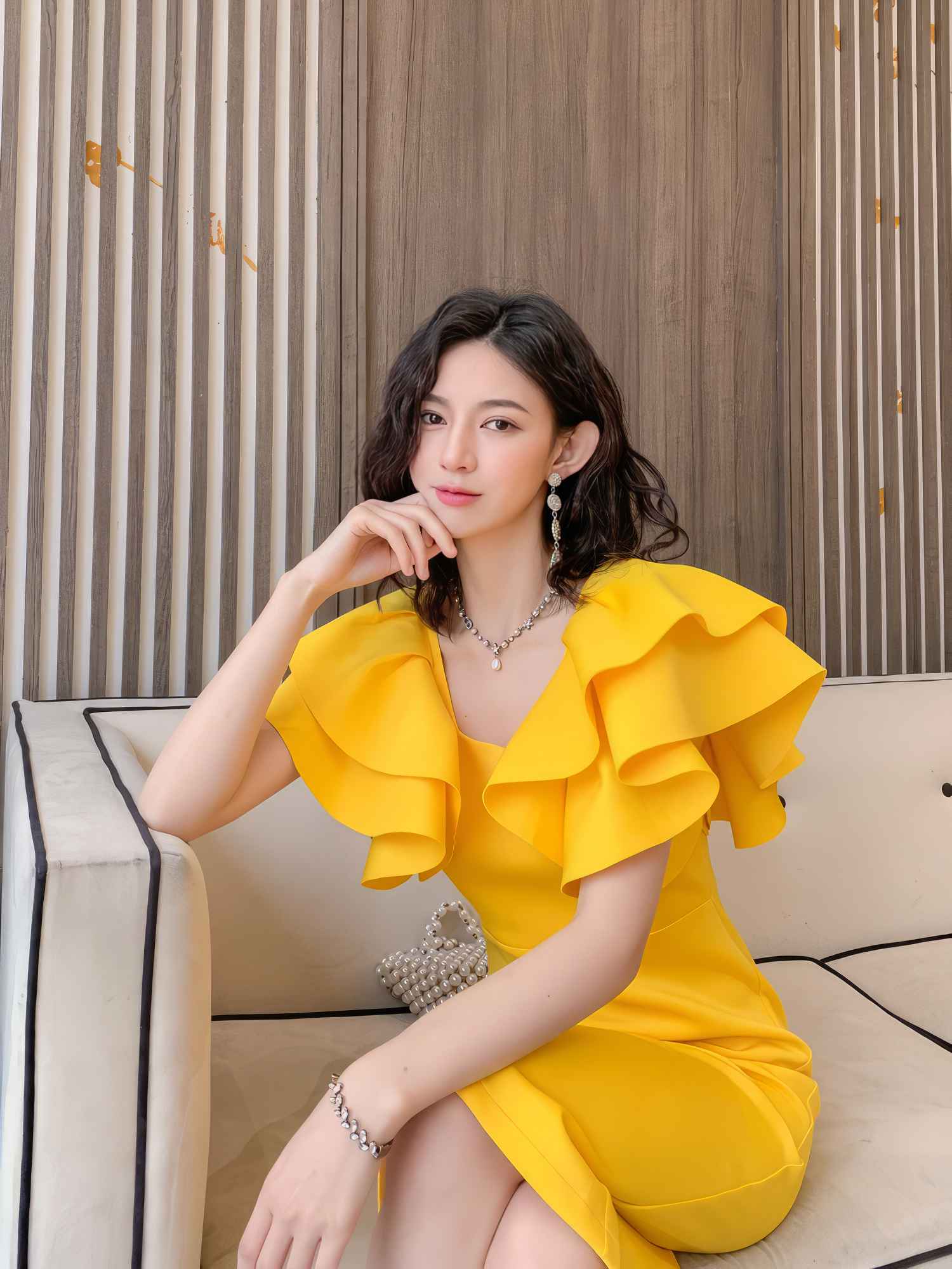 Ruffle Trimmed Flounce Sleeve Bodycon Midi Dress