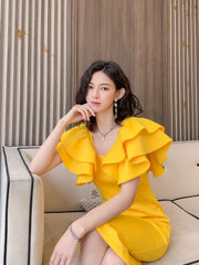 Ruffle Trimmed Flounce Sleeve Bodycon Midi Dress