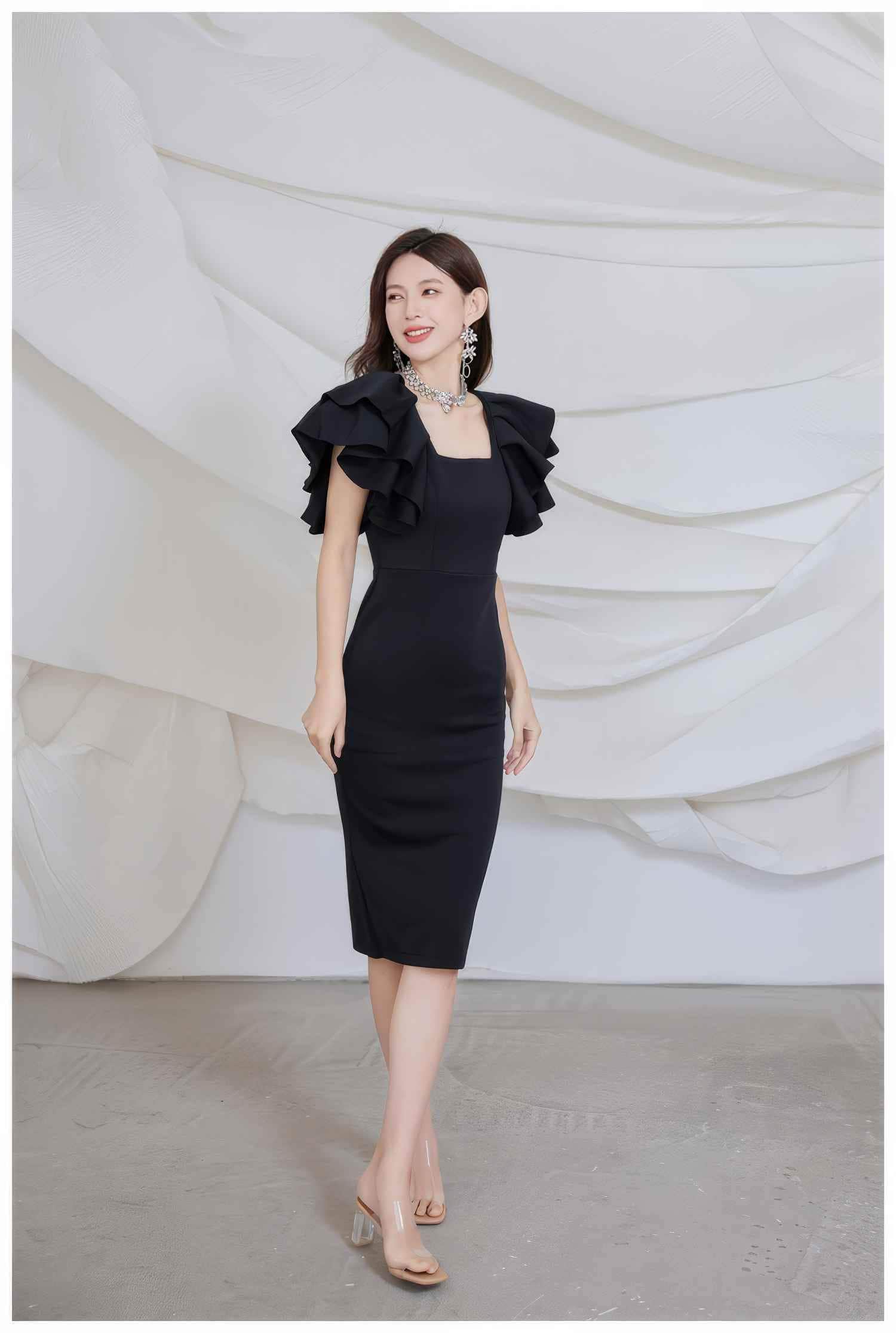 Ruffle Trimmed Flounce Sleeve Bodycon Midi Dress