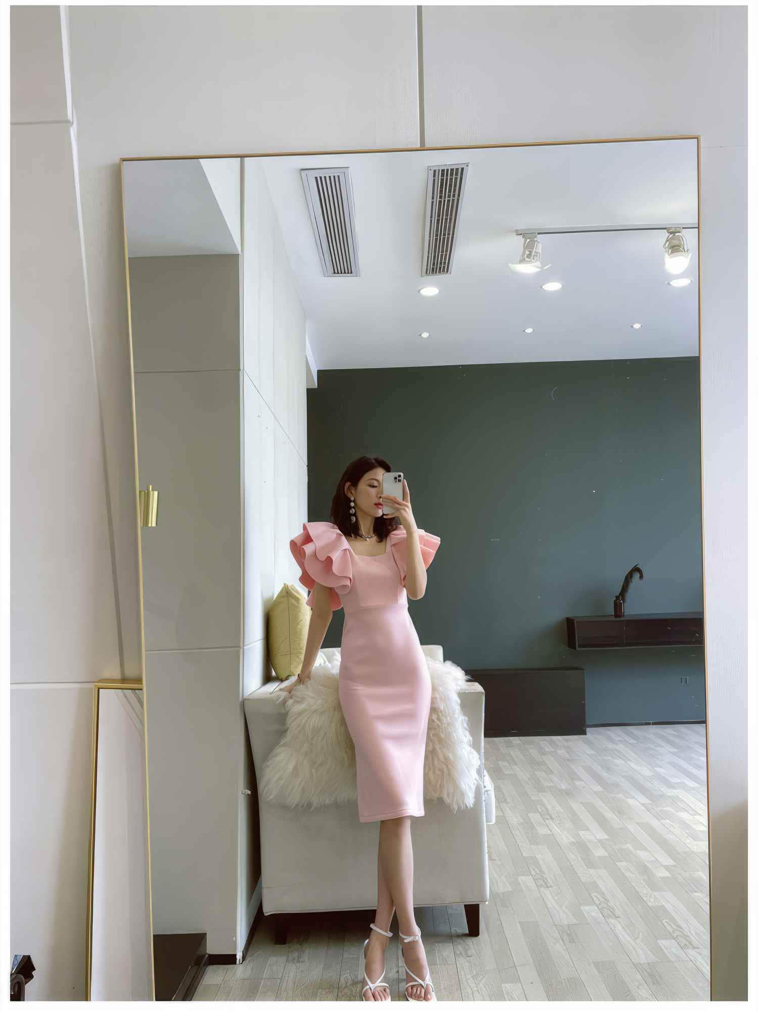 Ruffle Trimmed Flounce Sleeve Bodycon Midi Dress