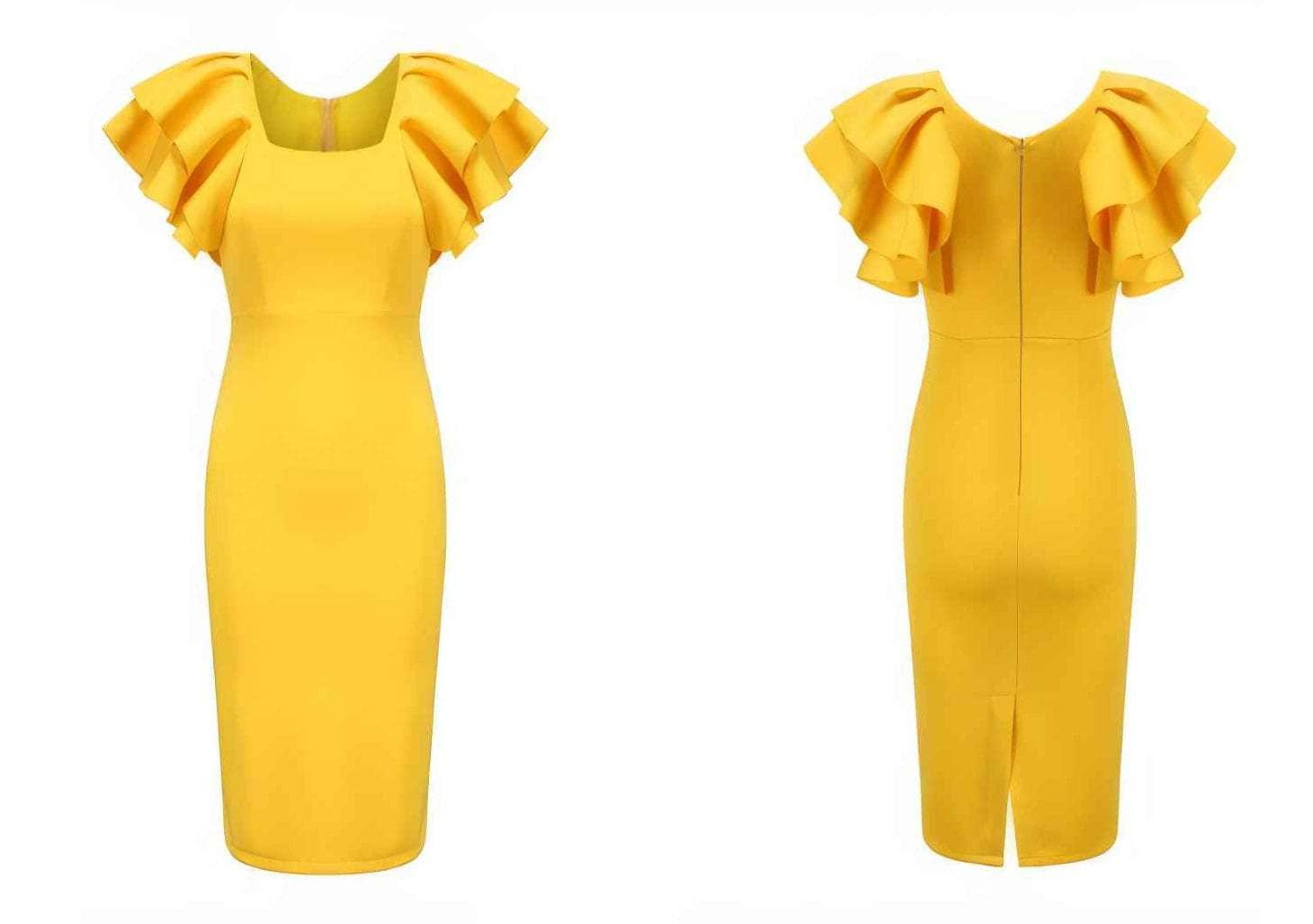 Ruffle Trimmed Flounce Sleeve Bodycon Midi Dress