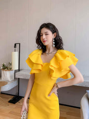 Ruffle Trimmed Flounce Sleeve Bodycon Midi Dress M / Yellow