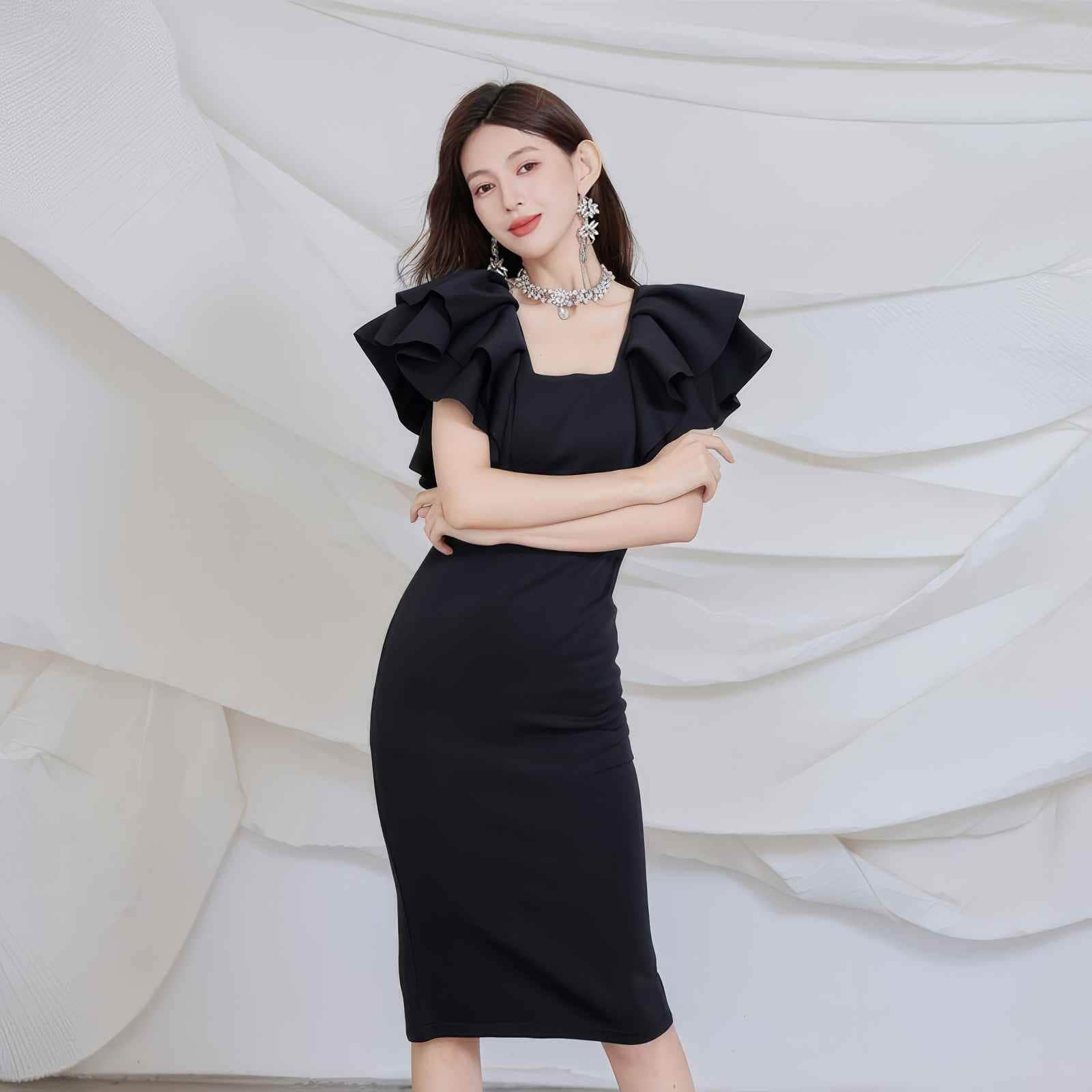 Ruffle Trimmed Flounce Sleeve Bodycon Midi Dress S / Black