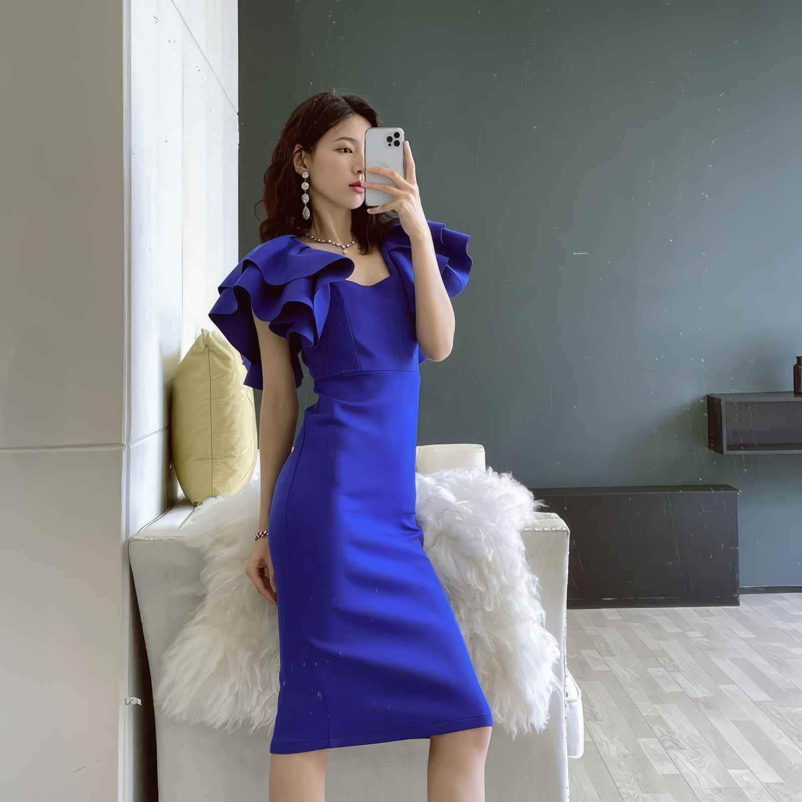 Ruffle Trimmed Flounce Sleeve Bodycon Midi Dress S / Blue