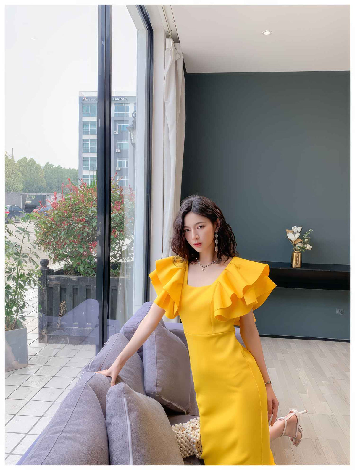 Ruffle Trimmed Flounce Sleeve Bodycon Midi Dress S / Yellow