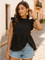 Ruffled Cap Sleeve Blouse Black / XS
