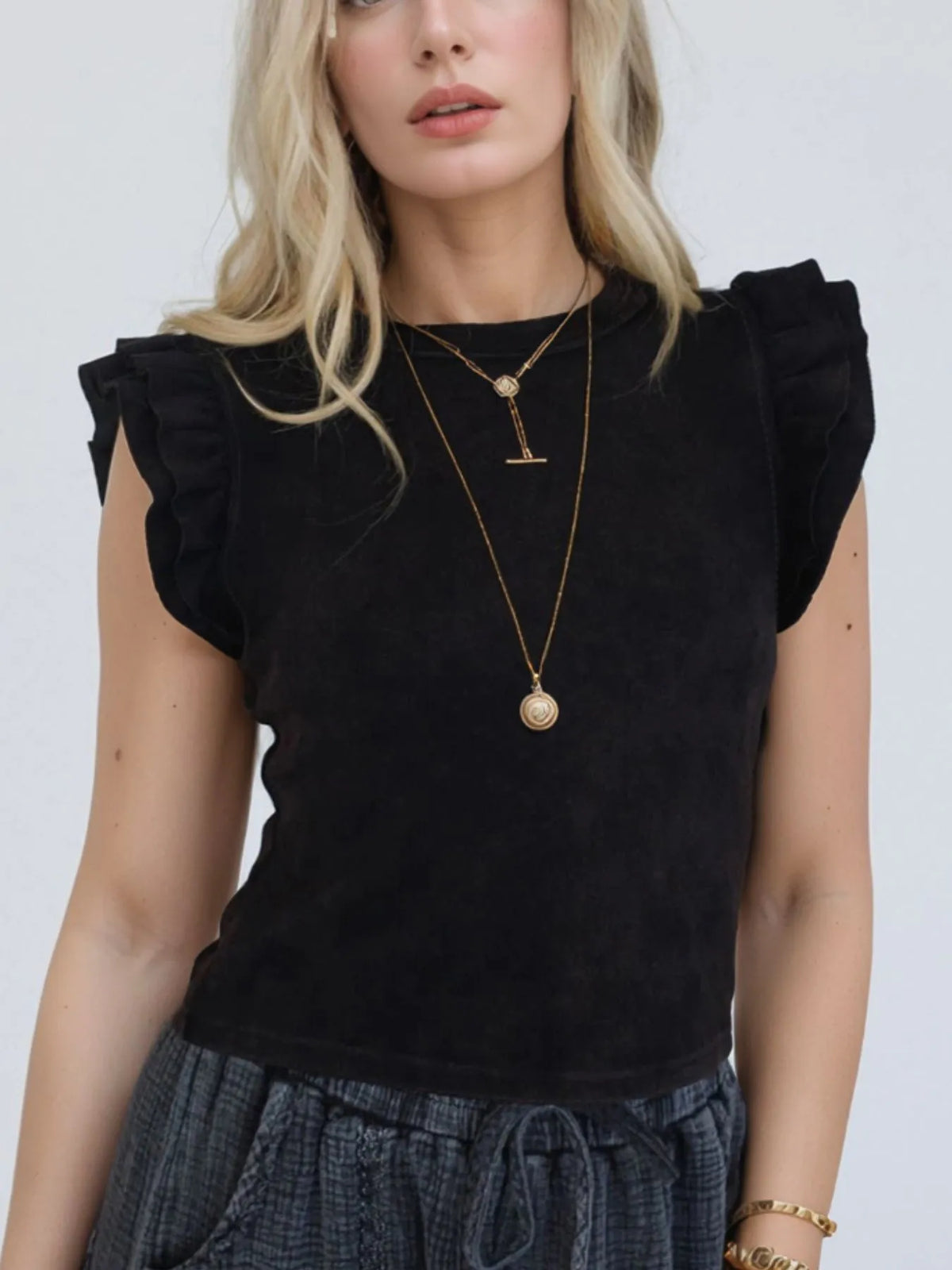 Ruffled Crew Neck Slim Fit Top Black / S