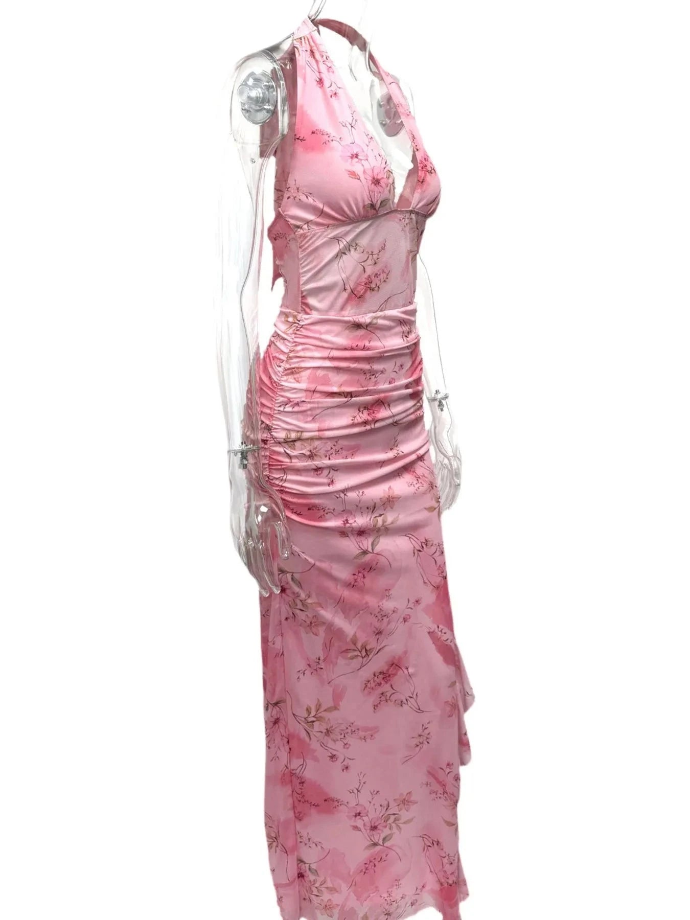 Ruffled Floral Print Halter Neck Cami Dress