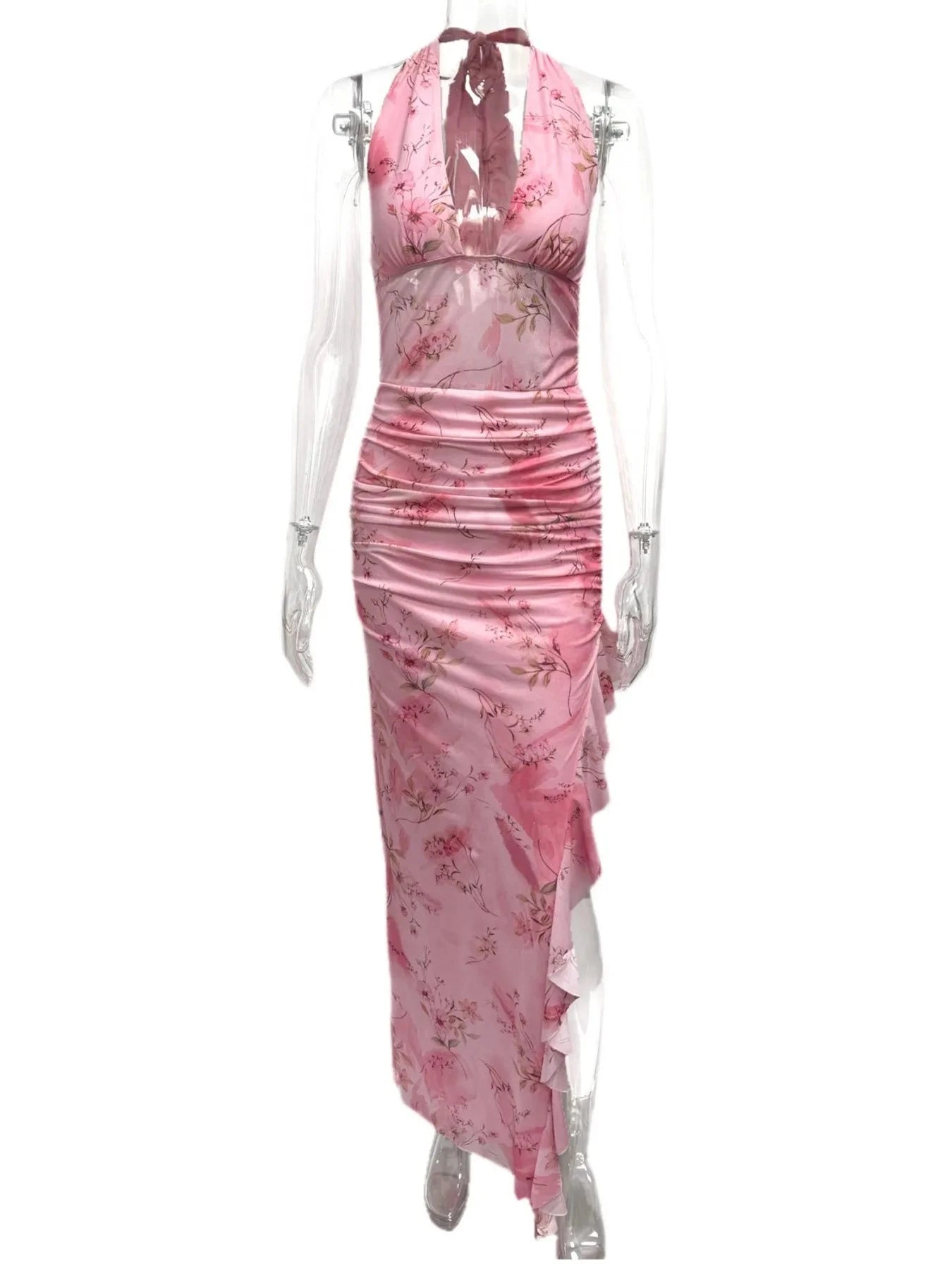 Ruffled Floral Print Halter Neck Cami Dress