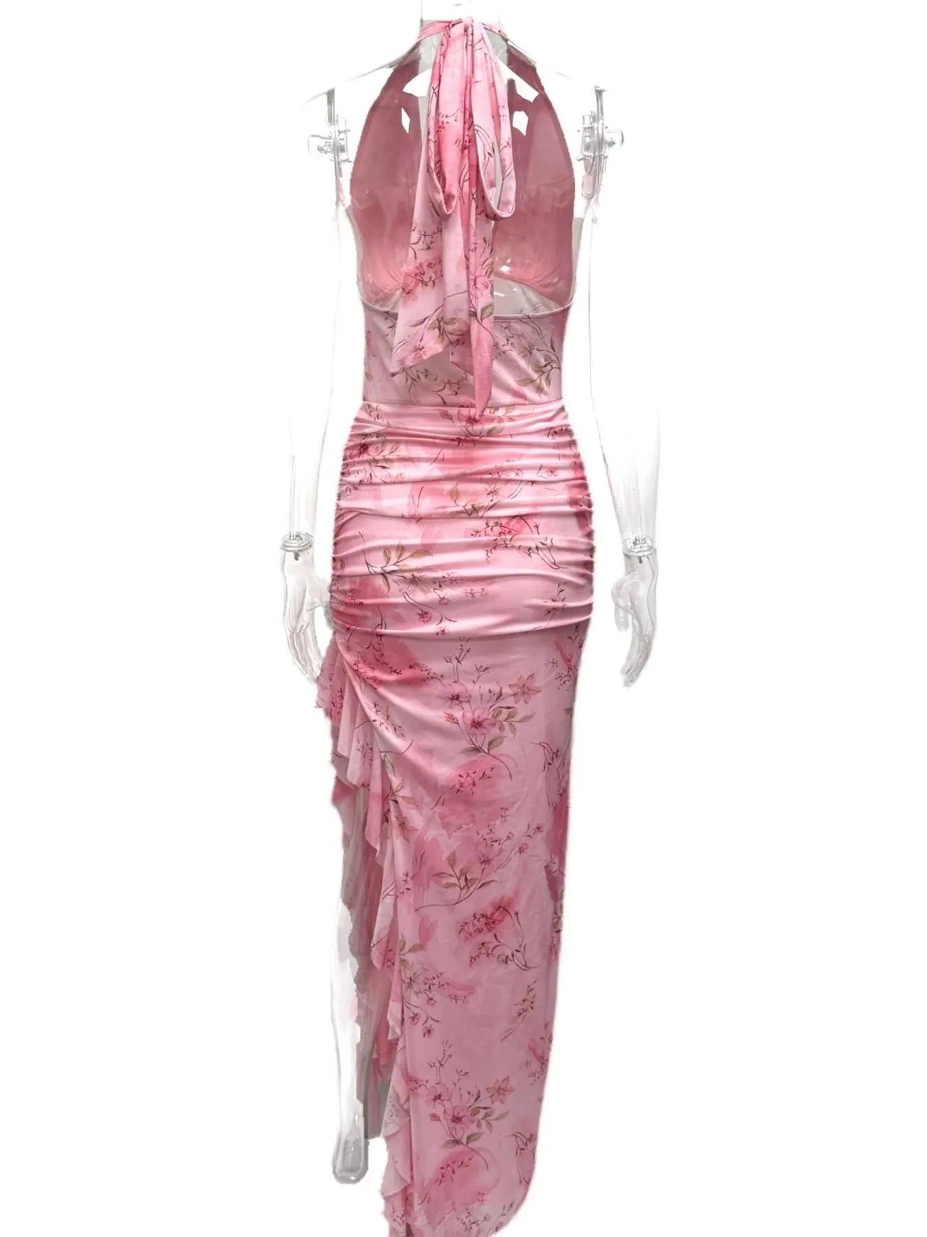 Ruffled Floral Print Halter Neck Cami Dress