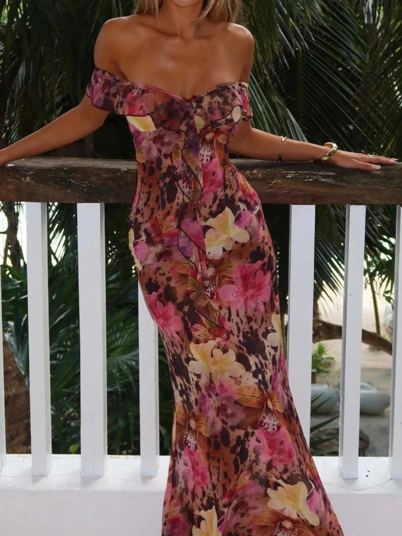Ruffled Floral Print Maxi Dress