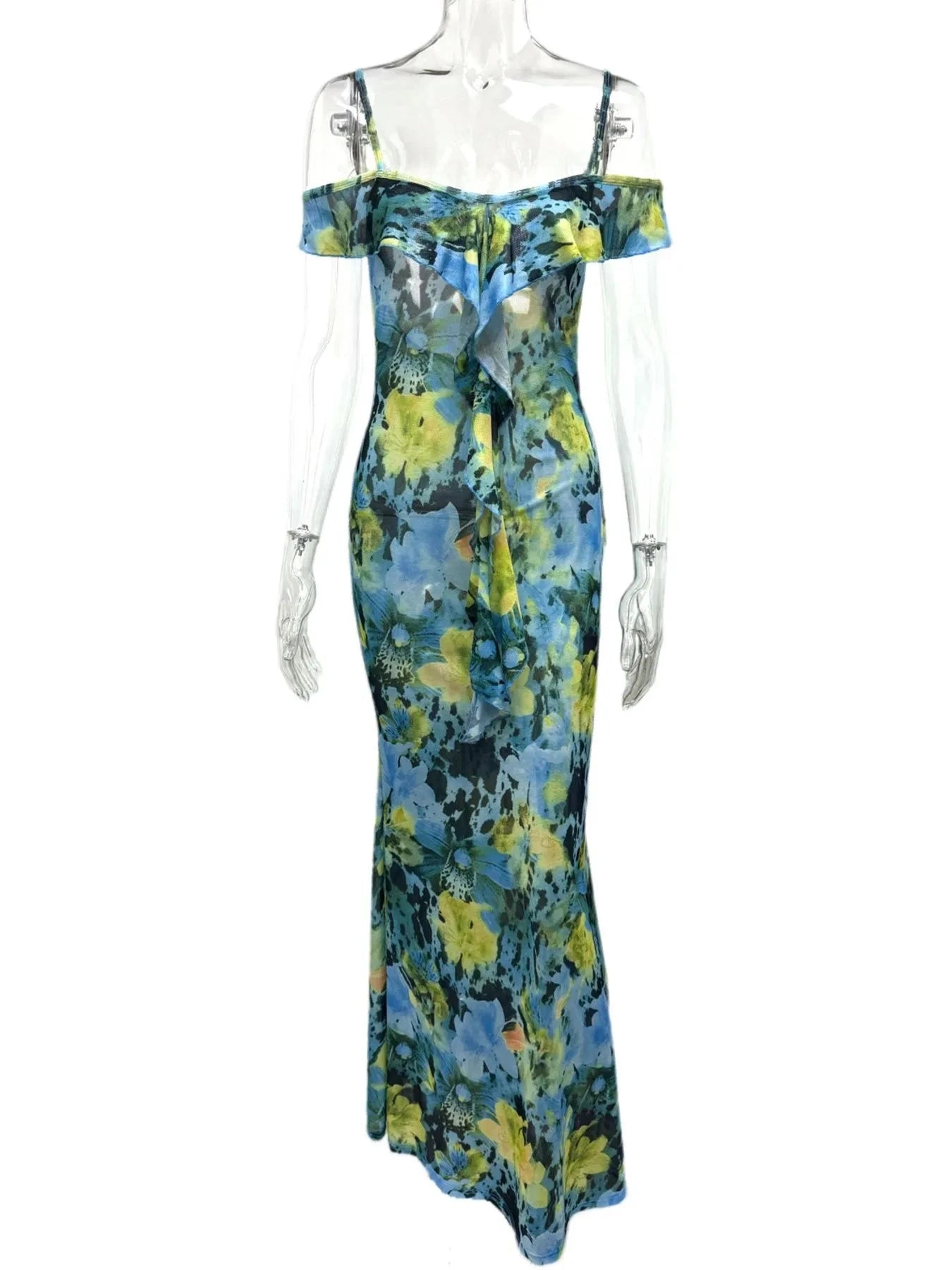 Ruffled Floral Print Maxi Dress