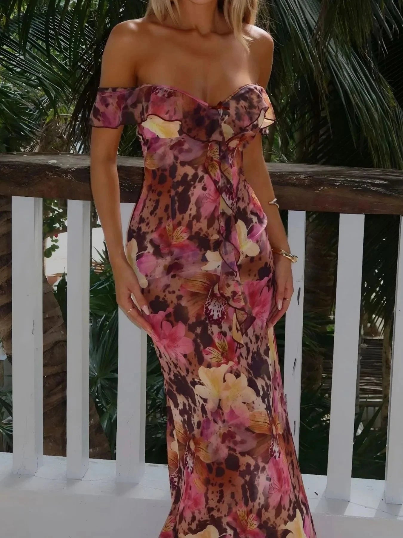 Ruffled Floral Print Maxi Dress