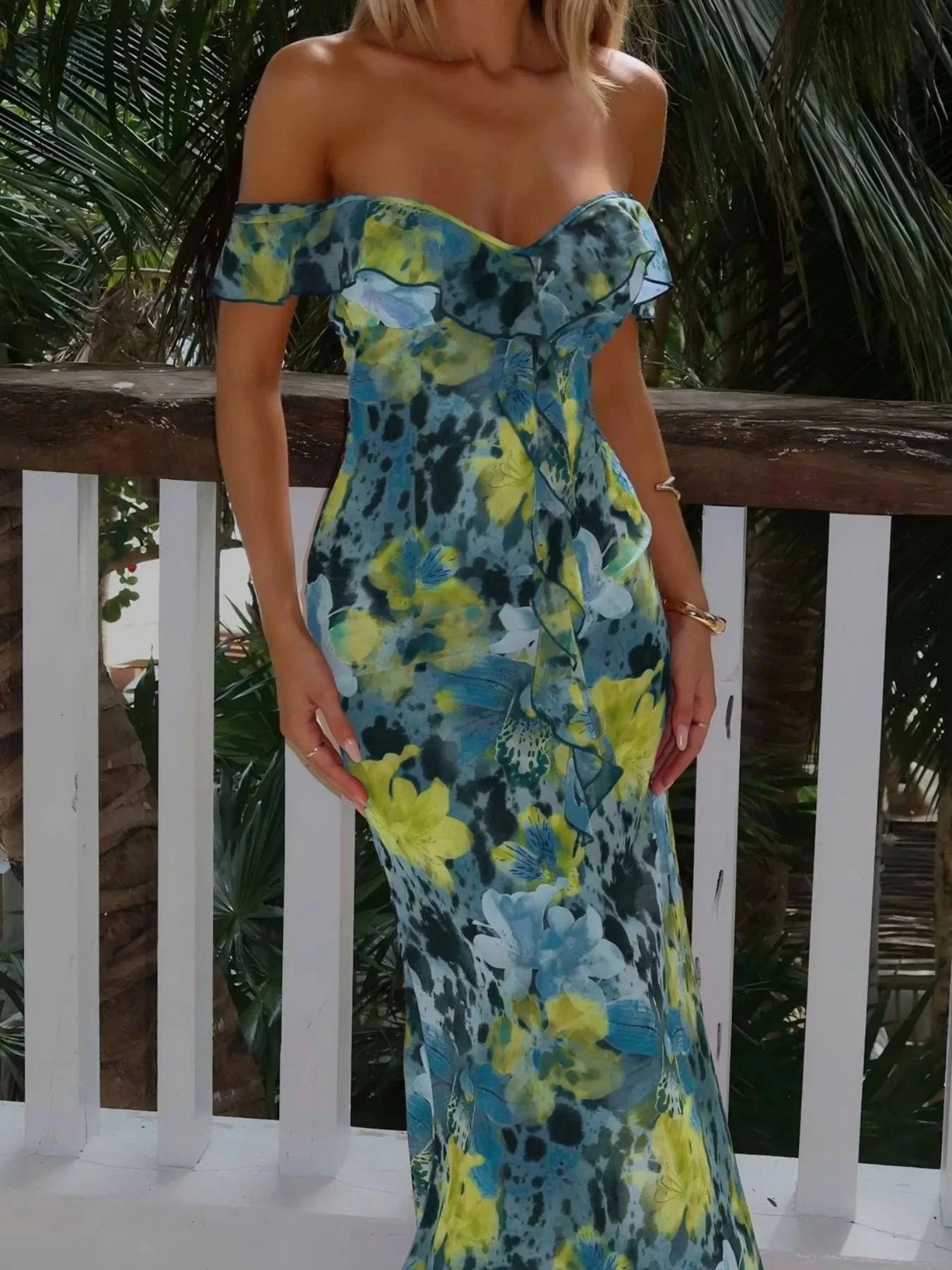 Ruffled Floral Print Maxi Dress