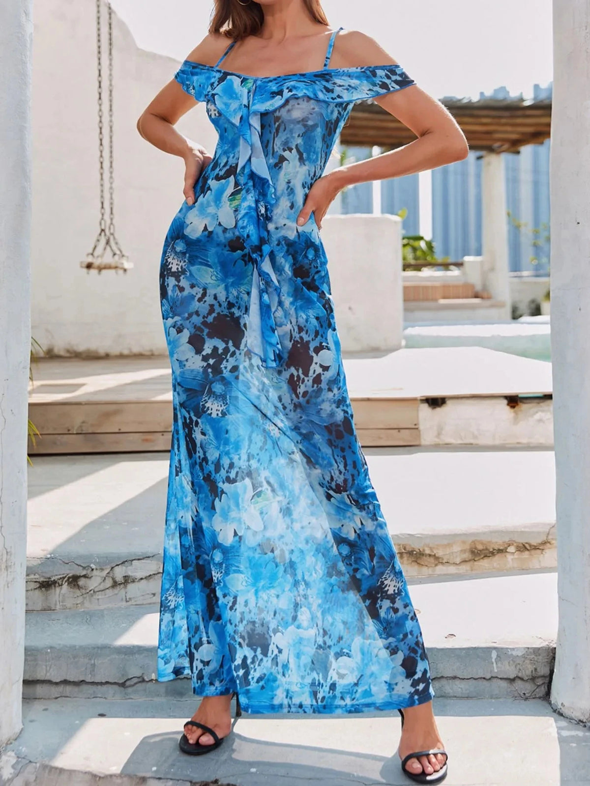 Ruffled Floral Print Maxi Dress Blue / XXS