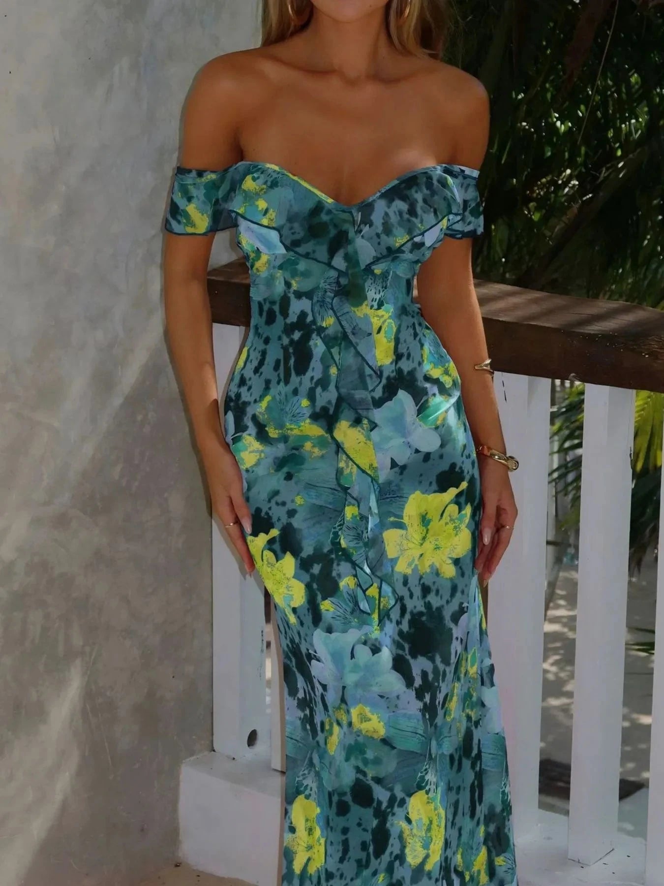 Ruffled Floral Print Maxi Dress Yellow / XXS