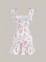 Ruffled Hem Floral Tie-Strap Mini Dress