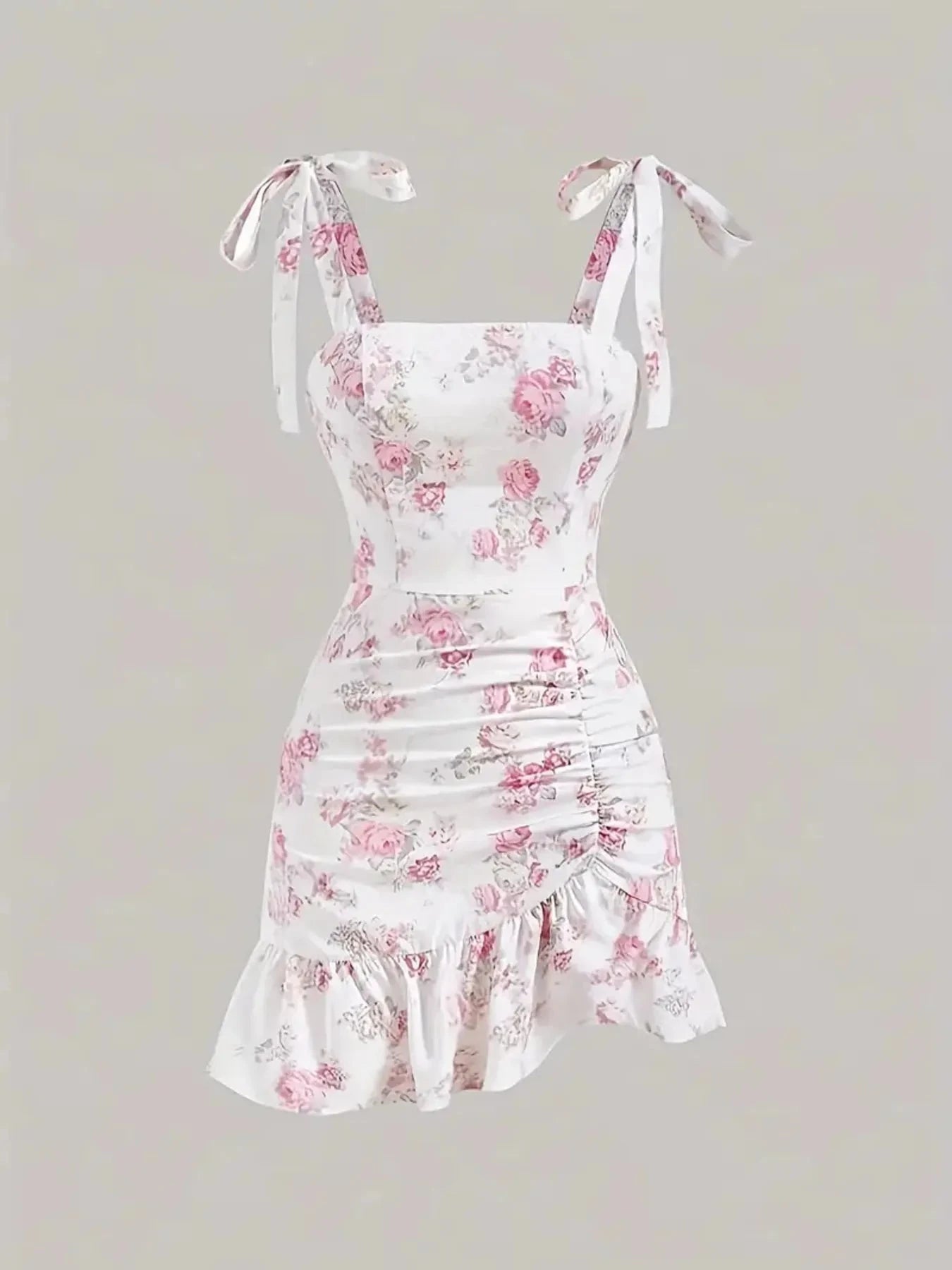 Ruffled Hem Floral Tie-Strap Mini Dress Blush Pink / XS