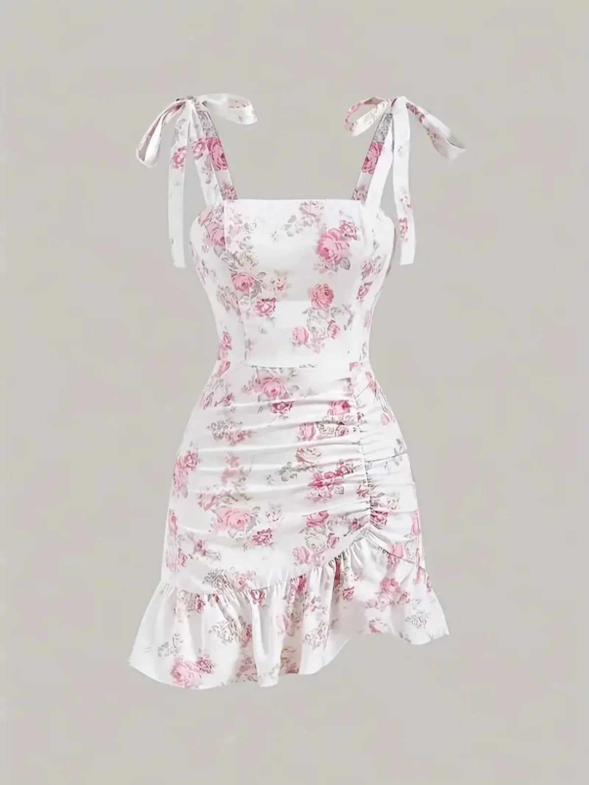 Ruffled Hem Floral Tie-Strap Mini Dress Blush Pink / XS