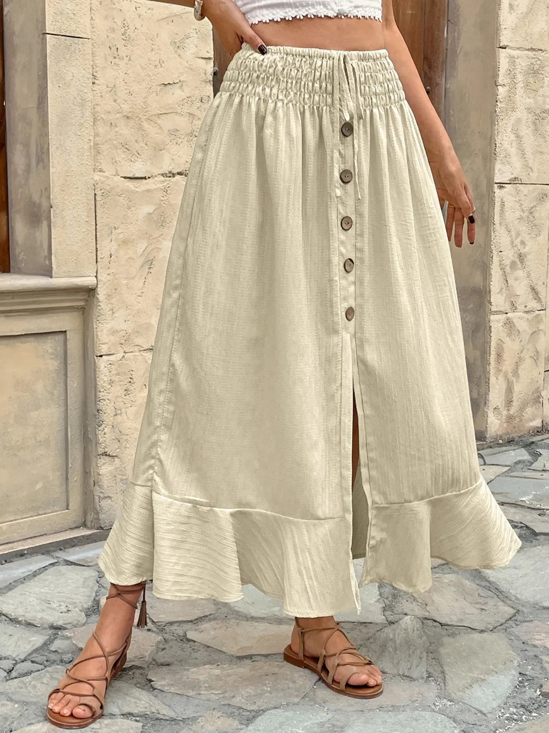 Ruffled Hem Slit Skirt Beige / S