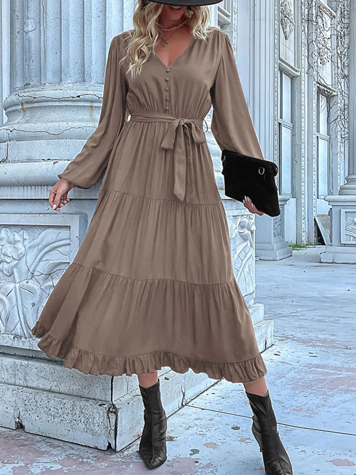Ruffled Hem V-Neck Balloon Sleeve Dress