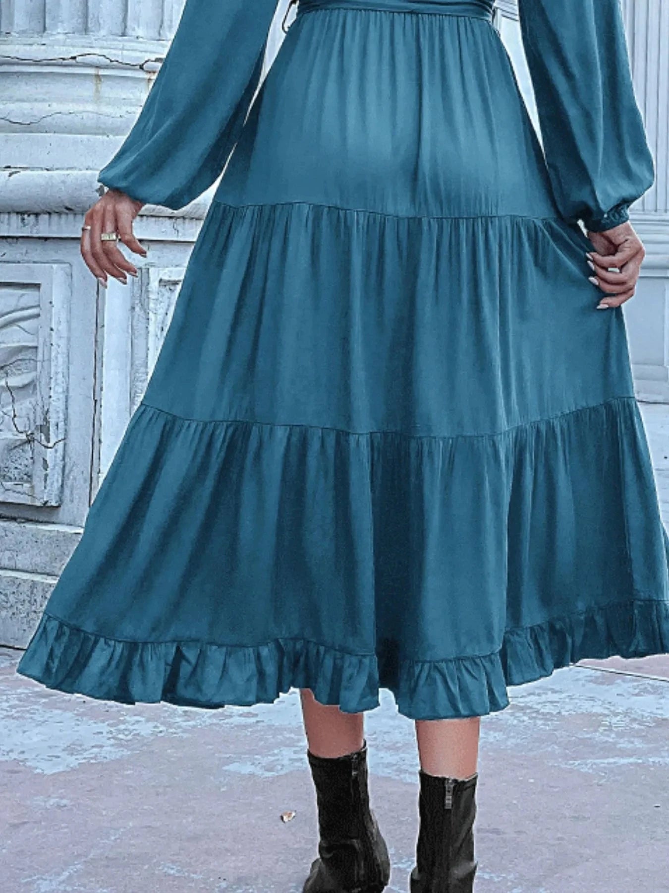 Ruffled Hem V-Neck Balloon Sleeve Dress