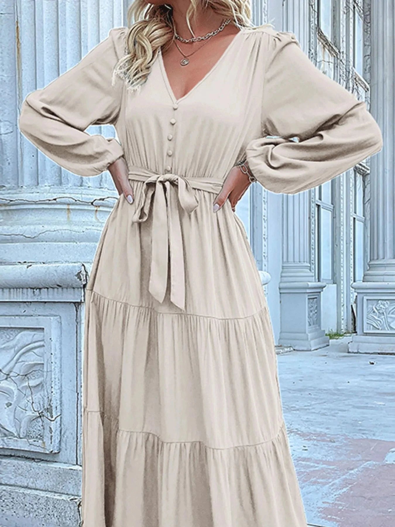 Ruffled Hem V-Neck Balloon Sleeve Dress