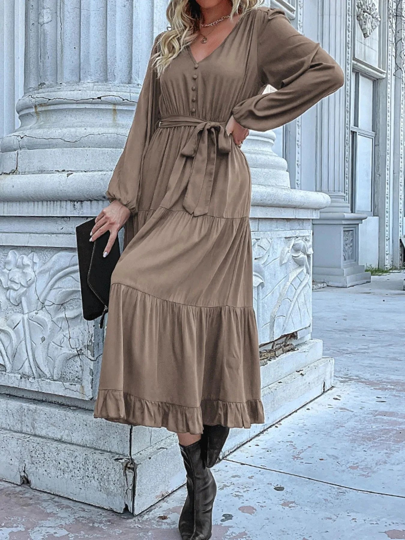 Ruffled Hem V-Neck Balloon Sleeve Dress