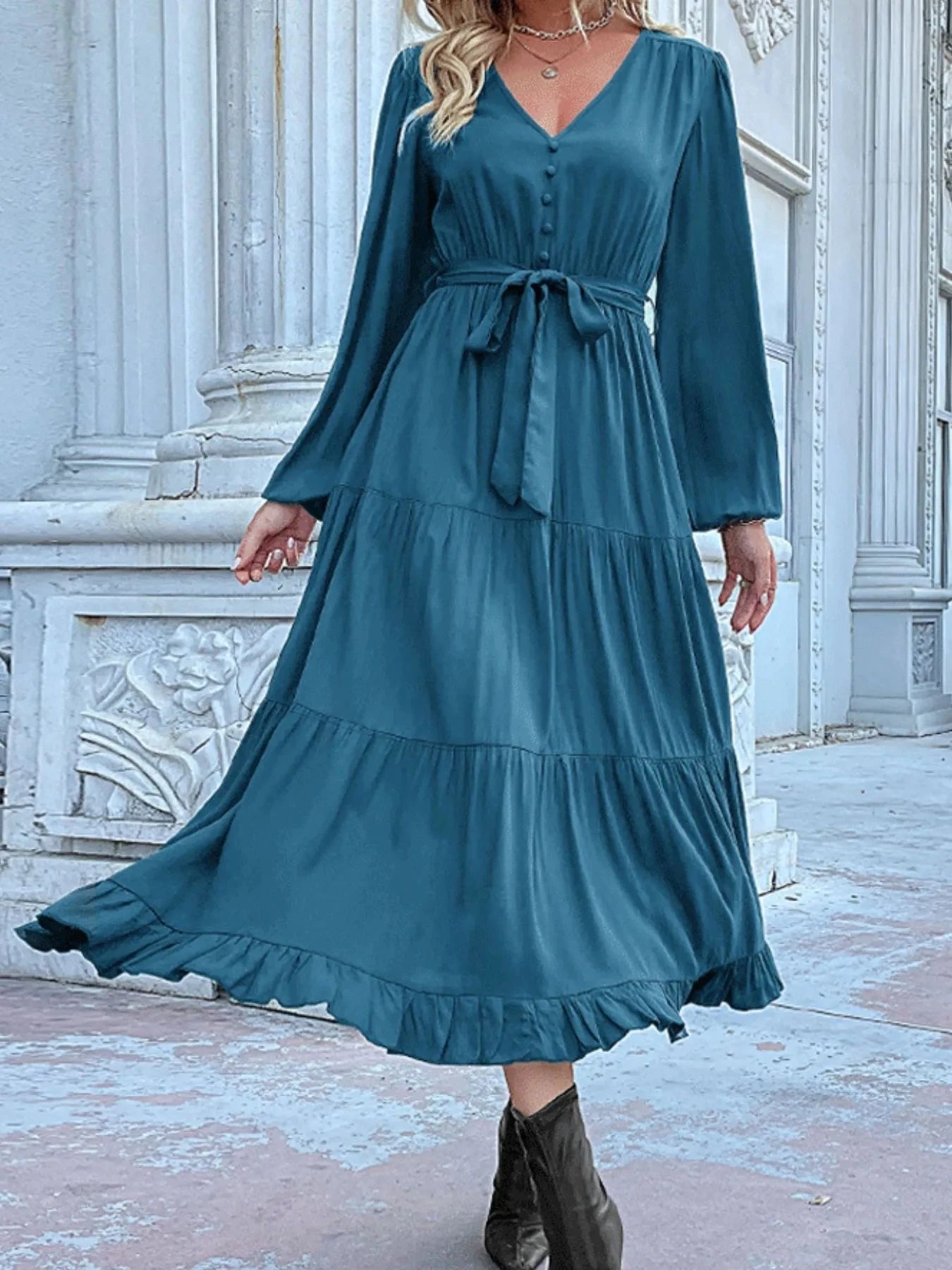 Ruffled Hem V-Neck Balloon Sleeve Dress