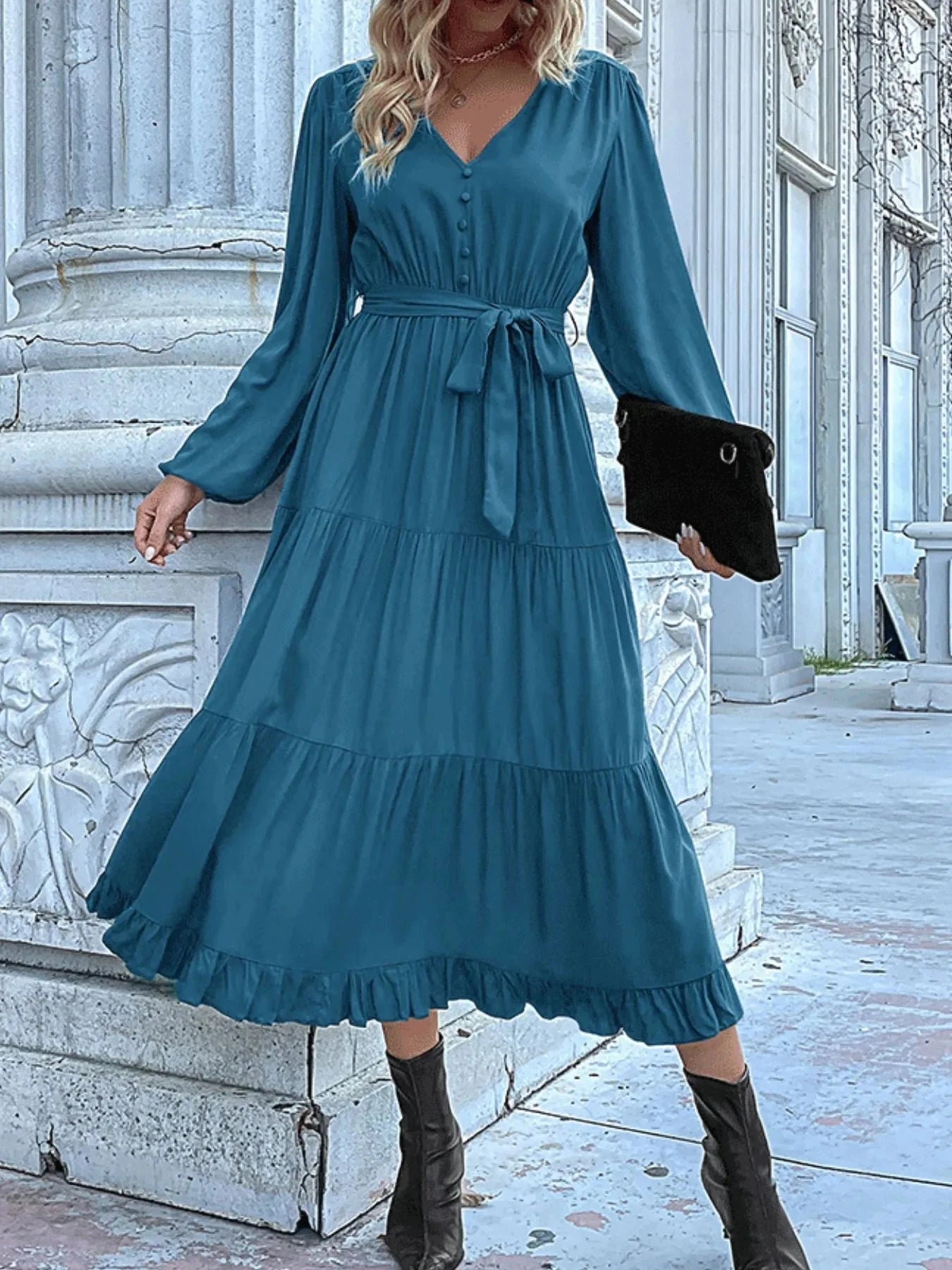 Ruffled Hem V-Neck Balloon Sleeve Dress