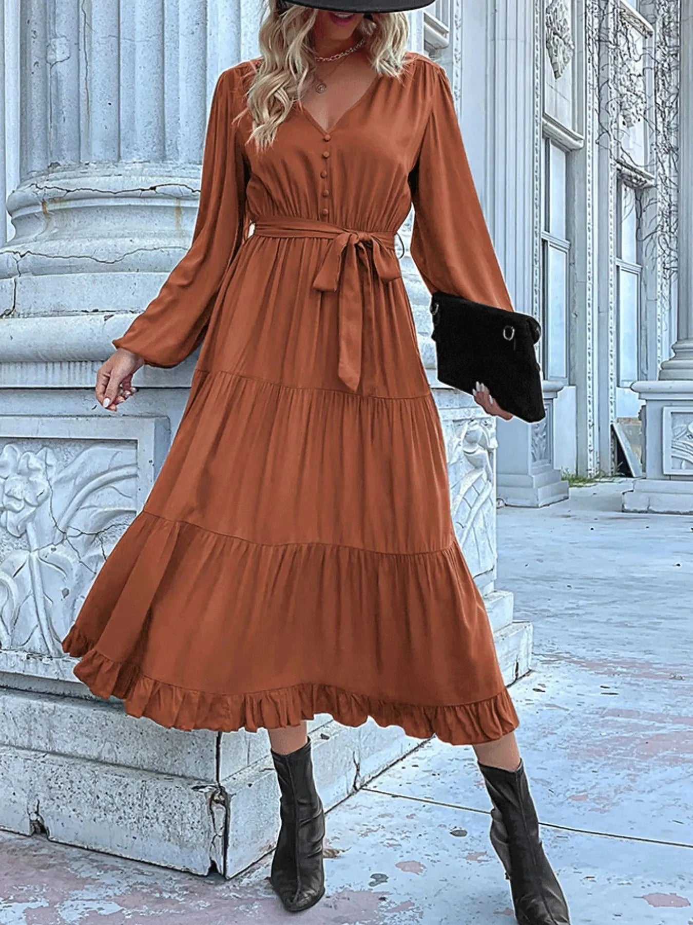 Ruffled Hem V-Neck Balloon Sleeve Dress