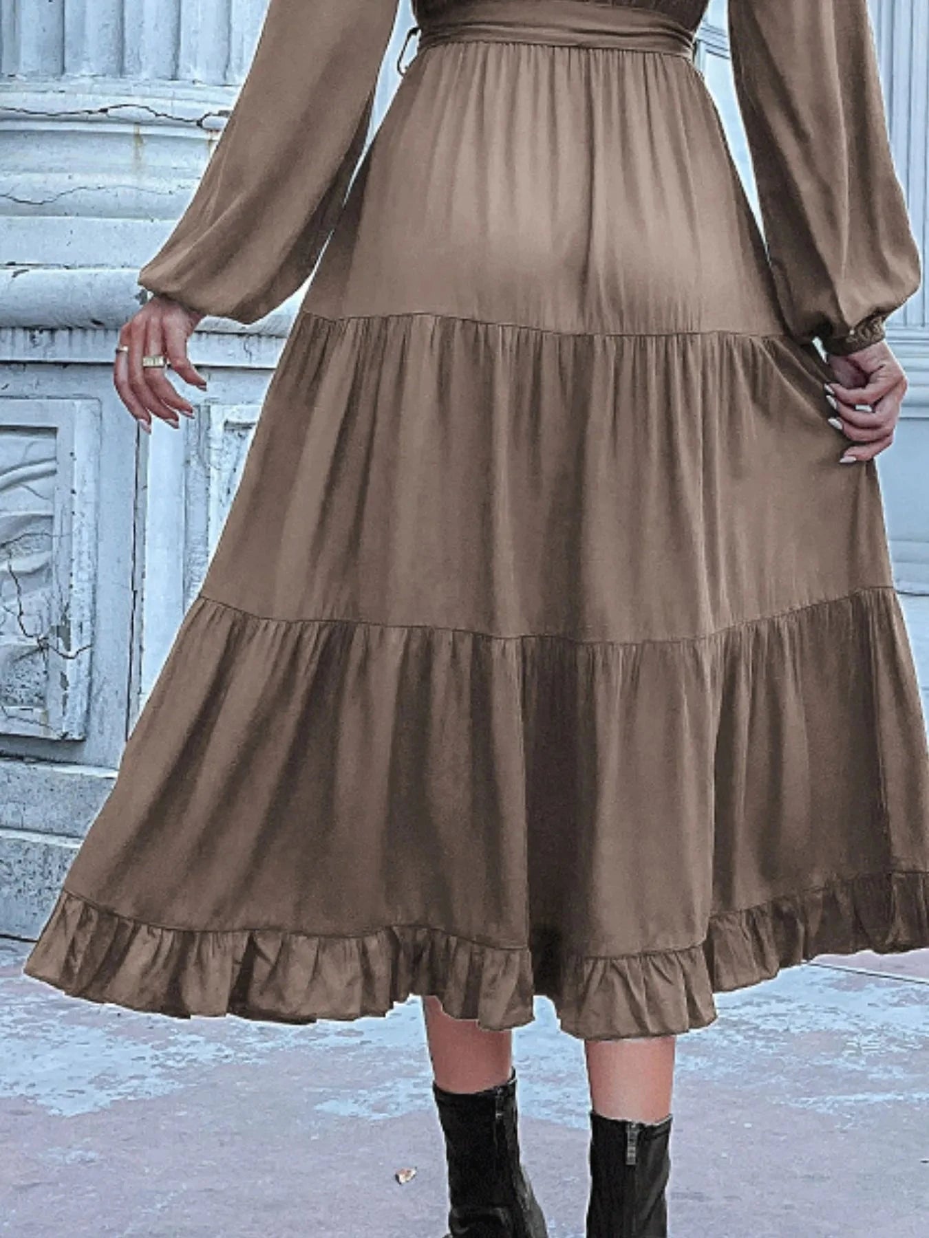 Ruffled Hem V-Neck Balloon Sleeve Dress