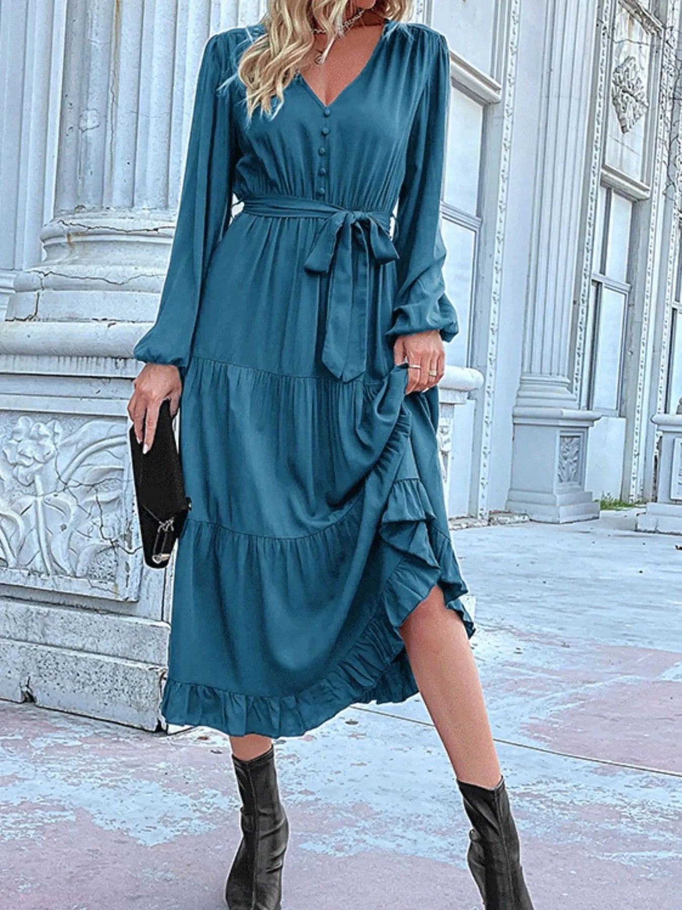 Ruffled Hem V-Neck Balloon Sleeve Dress