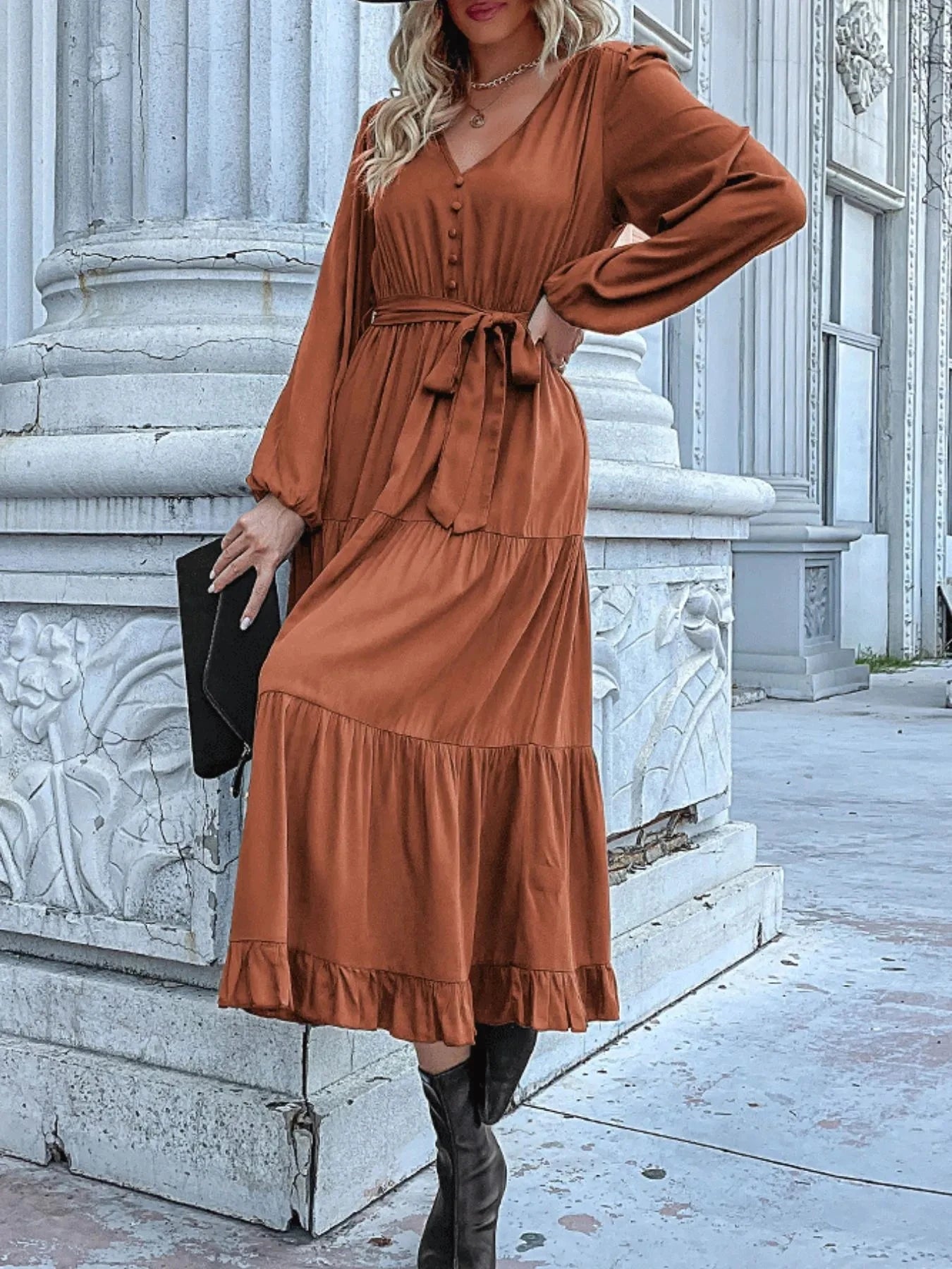 Ruffled Hem V-Neck Balloon Sleeve Dress
