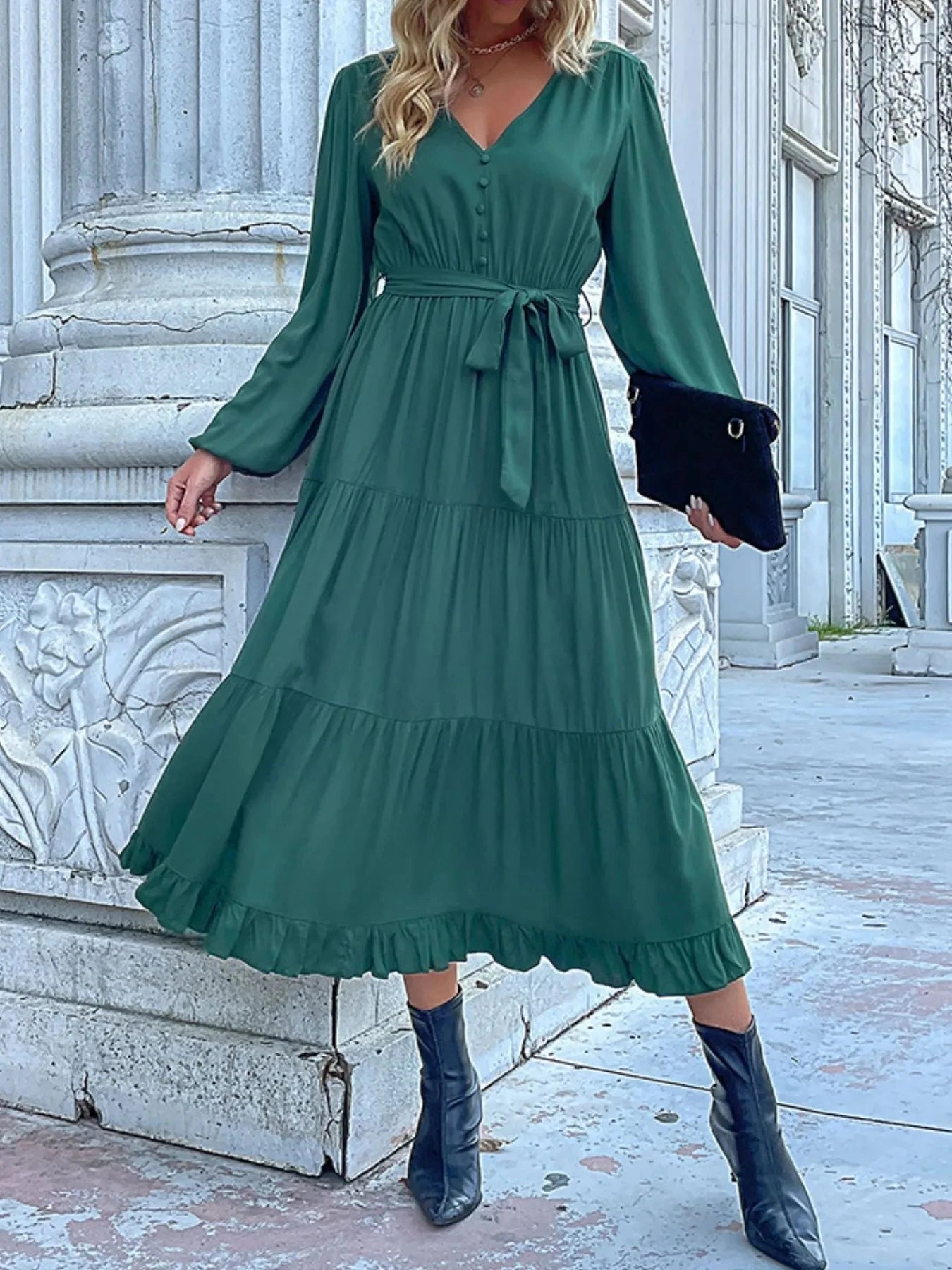Ruffled Hem V-Neck Balloon Sleeve Dress