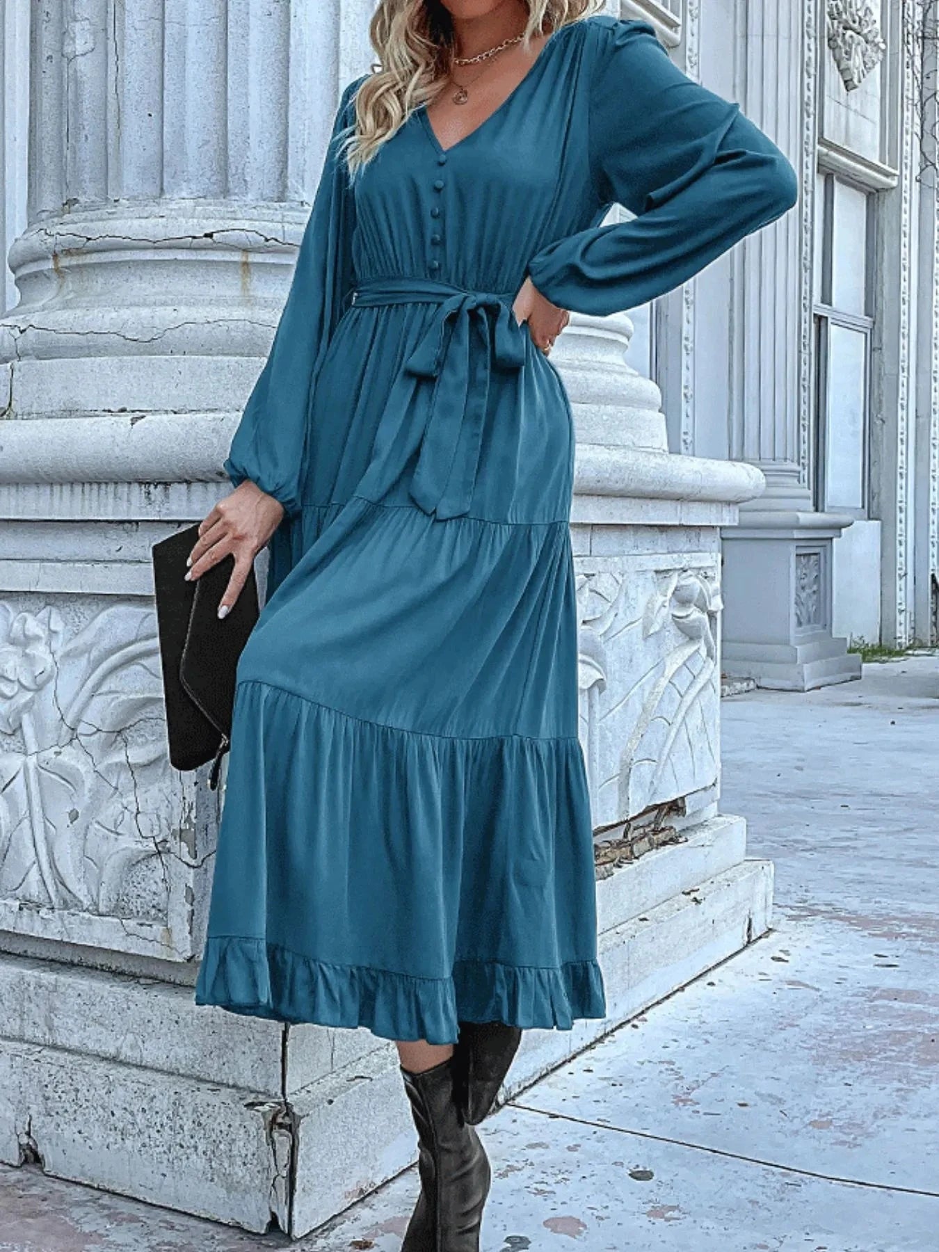 Ruffled Hem V-Neck Balloon Sleeve Dress