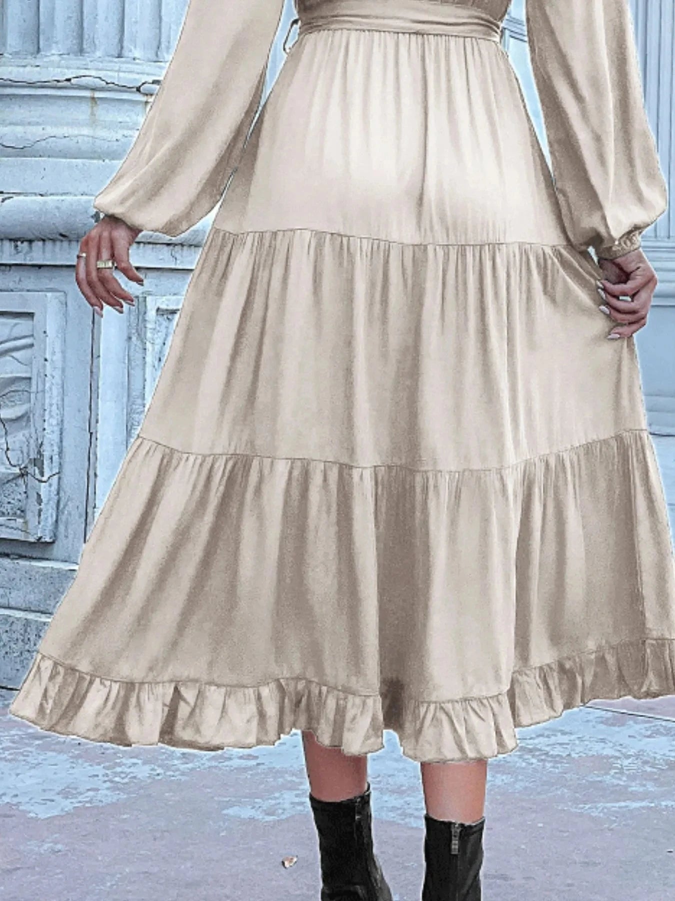 Ruffled Hem V-Neck Balloon Sleeve Dress