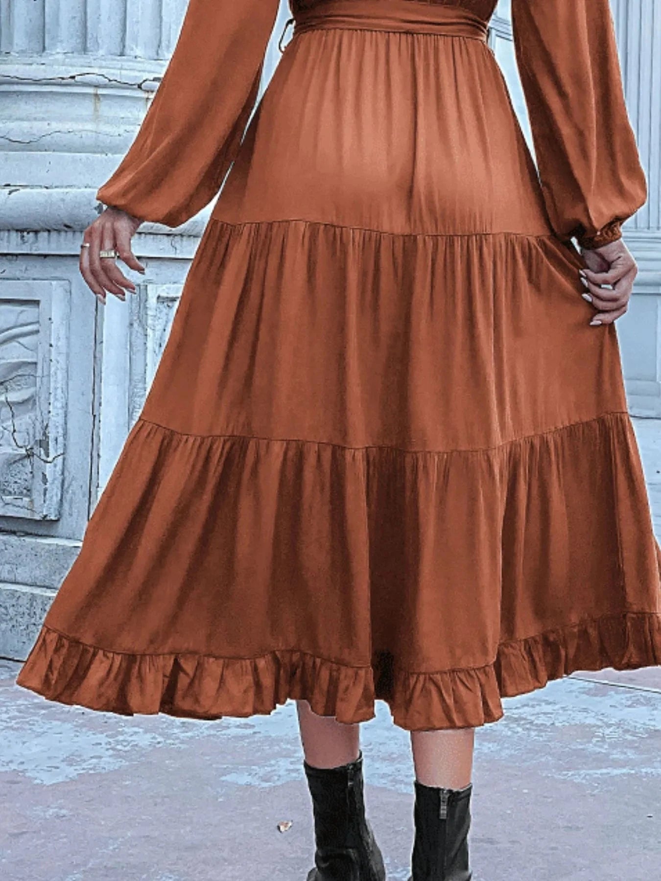 Ruffled Hem V-Neck Balloon Sleeve Dress