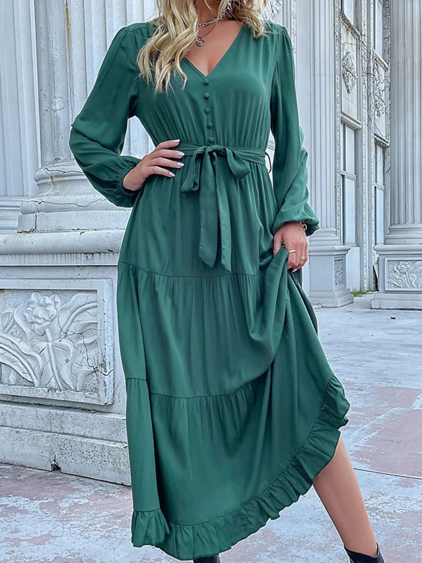 Ruffled Hem V-Neck Balloon Sleeve Dress