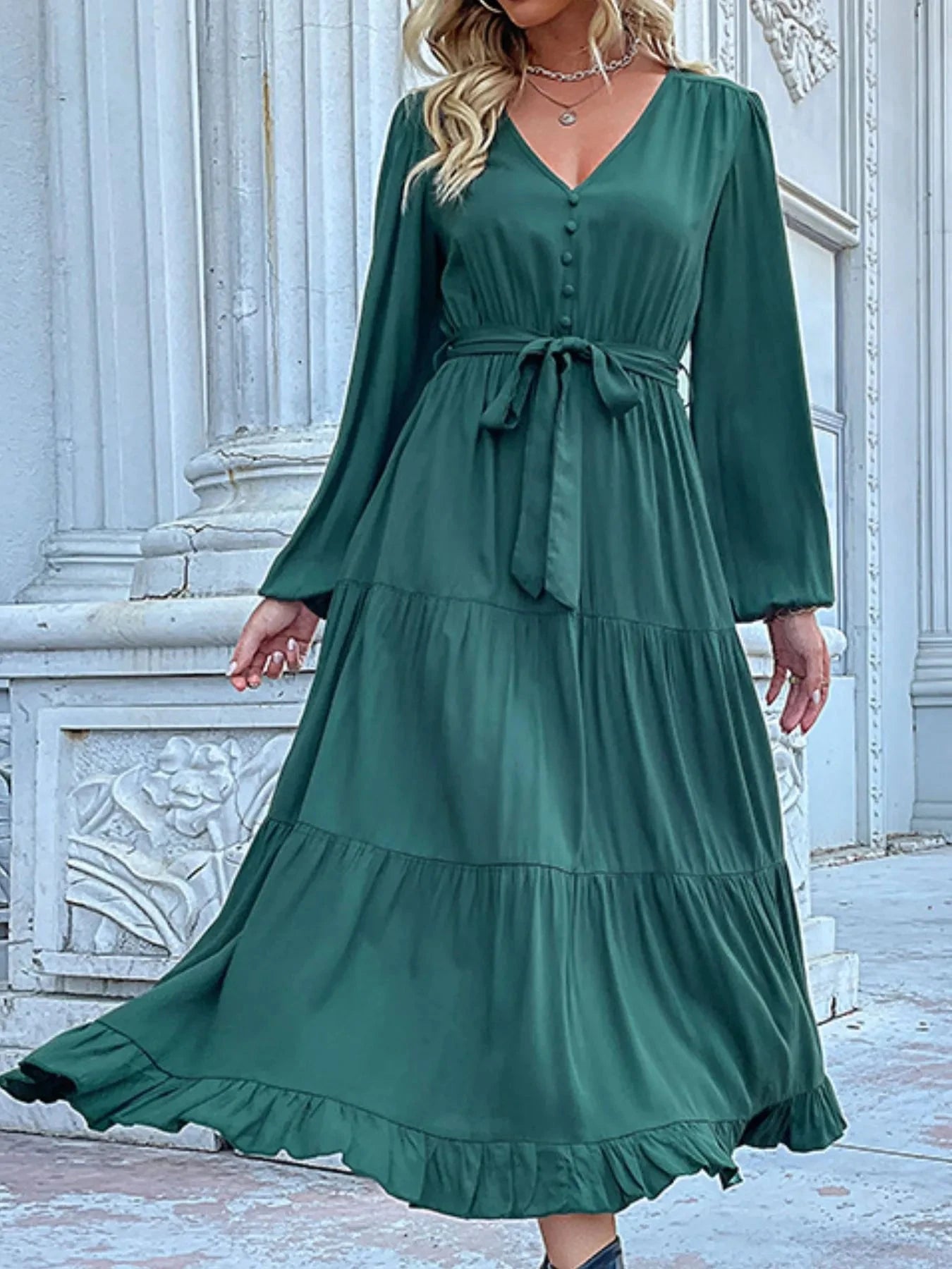 Ruffled Hem V-Neck Balloon Sleeve Dress