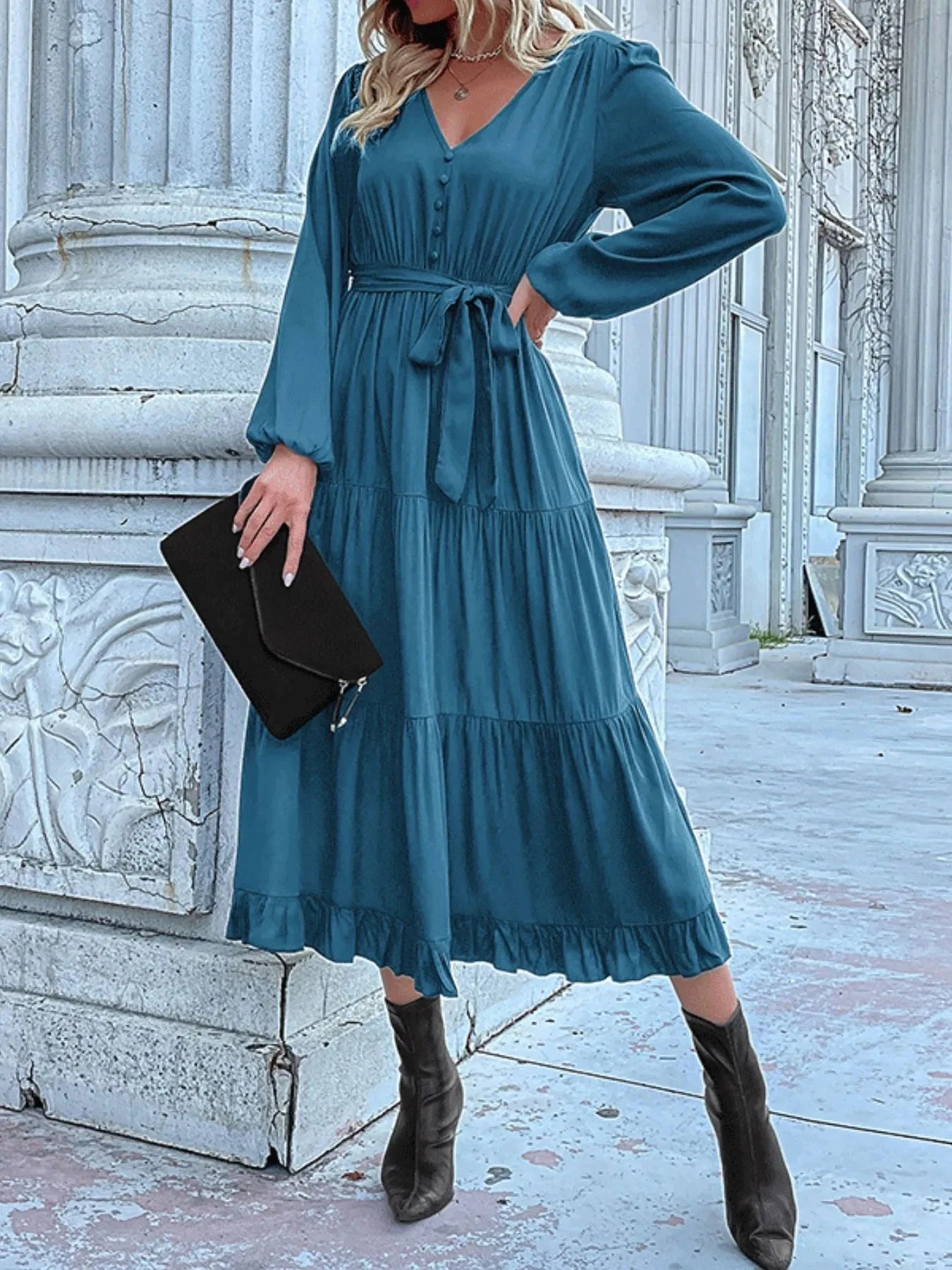 Ruffled Hem V-Neck Balloon Sleeve Dress French Blue / S