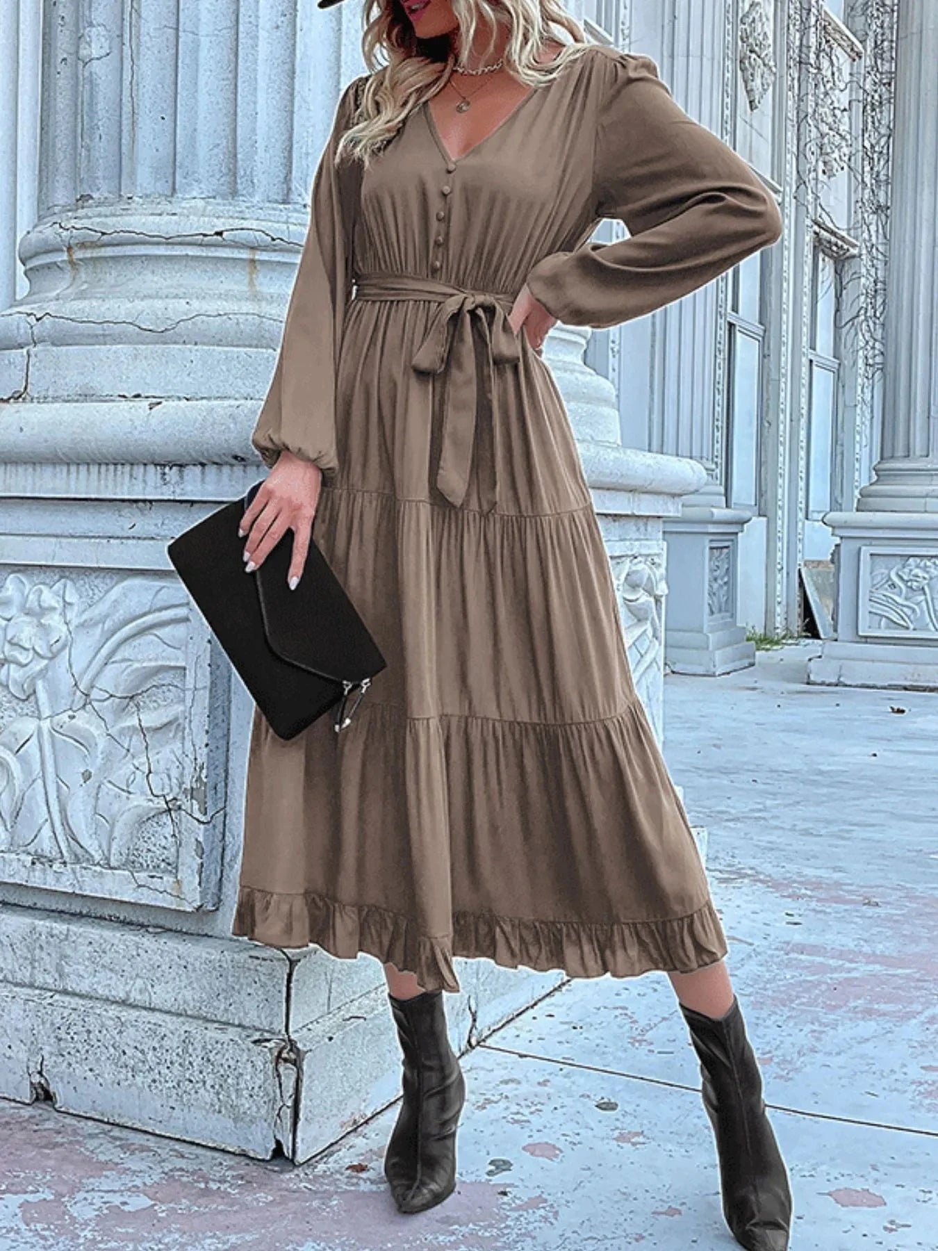 Ruffled Hem V-Neck Balloon Sleeve Dress Taupe / S