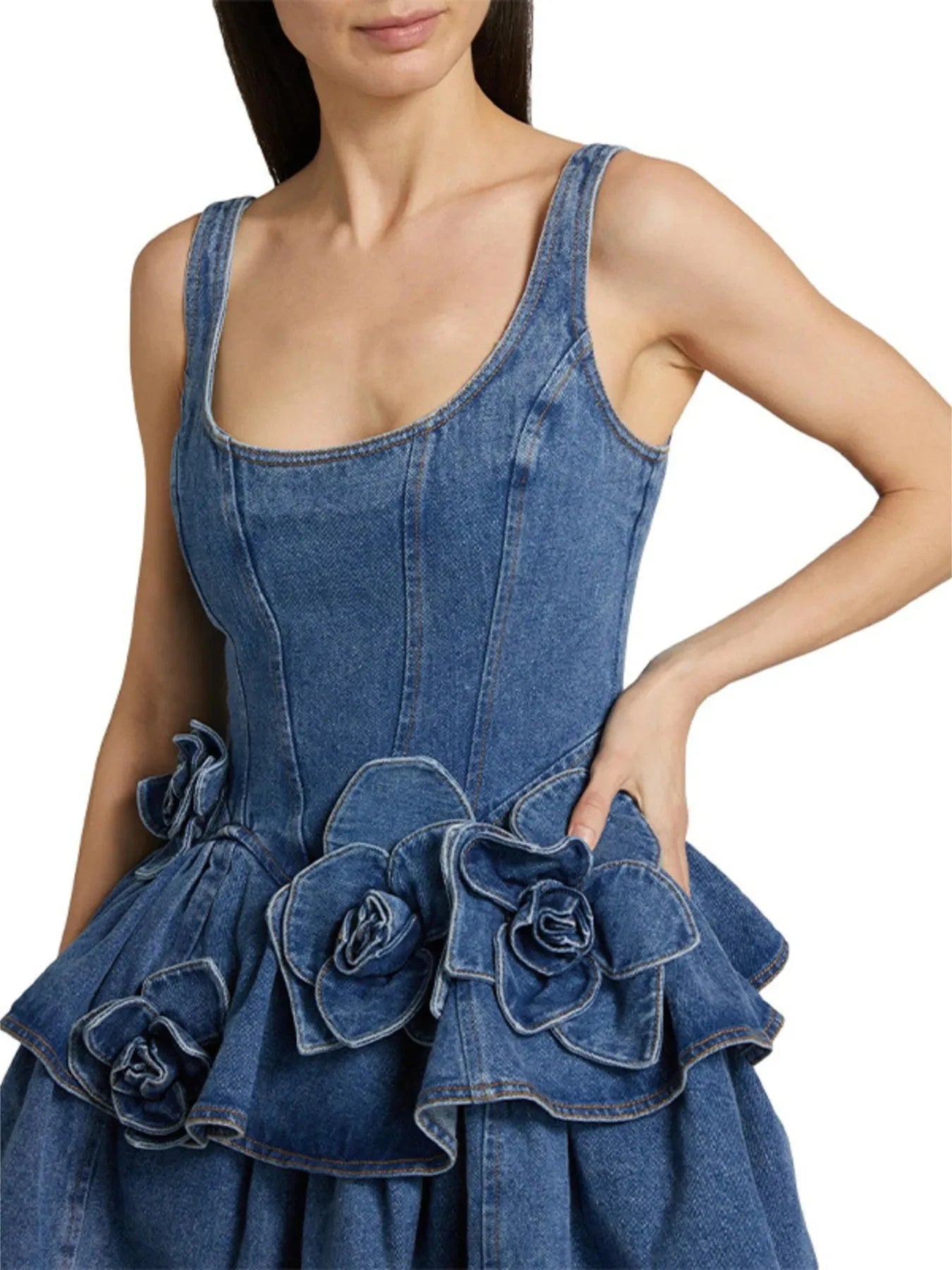 Ruffled Layered Scoop Neck Denim Dress